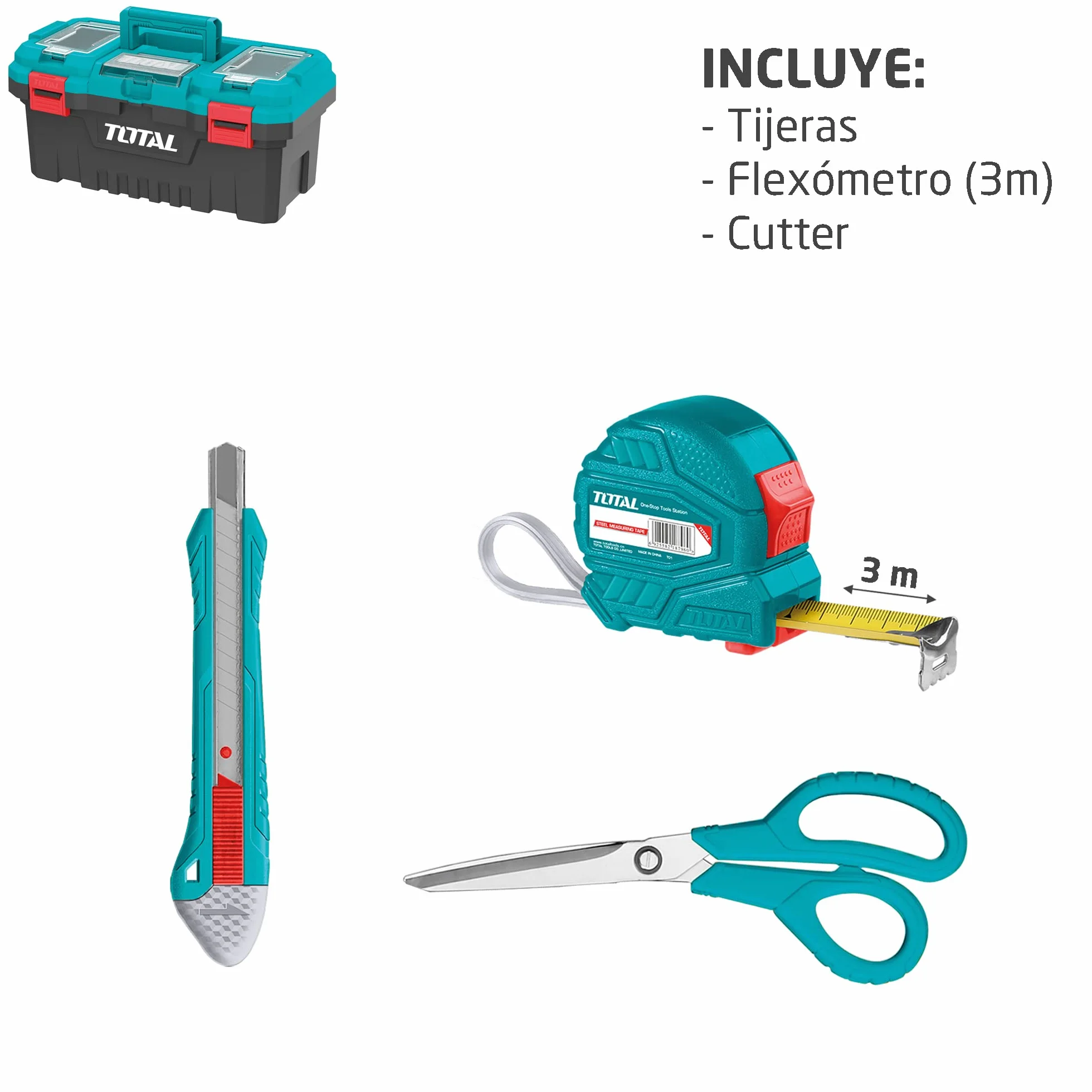 Total Tools - Pudełko z 32 narzędziami 17" (43 cm) | Szczypc, Klucz, Śrubokręt i młotek z grzechotką | Flexometr, końcówki i łuk piły | Tester napięcia
