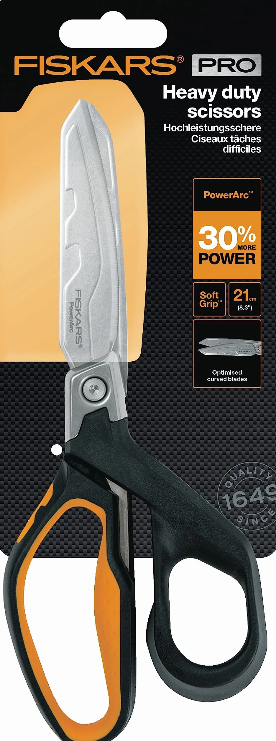 Fiskars Wysokowydajne nożyczki, Do 30% większa moc, Długość 21 cm, Trwała stal nierdzewna/ tworzywo, Czarno-pomarańczowe, PowerArc, 1027204