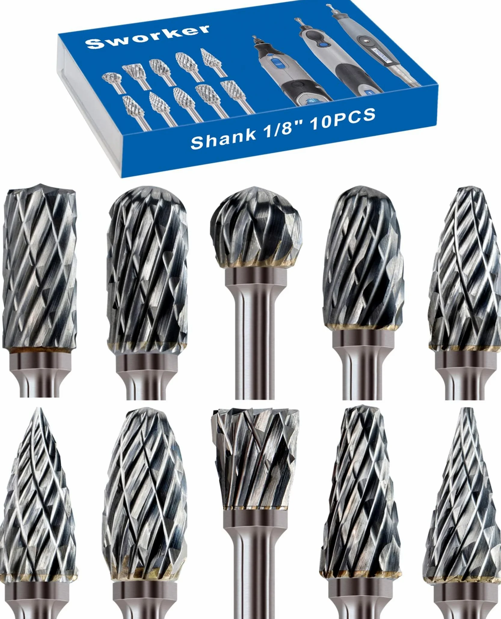 Sworker Zestaw wierteł z węglików spiekanych kompatybilny z Dremel 1/20.3 cm trzpień 10 szt. Szlifierka matrycowa, narzędzie obrotowe, tarniki, akcesoria, osprzęt, metal, drewno, kamień, plastik,