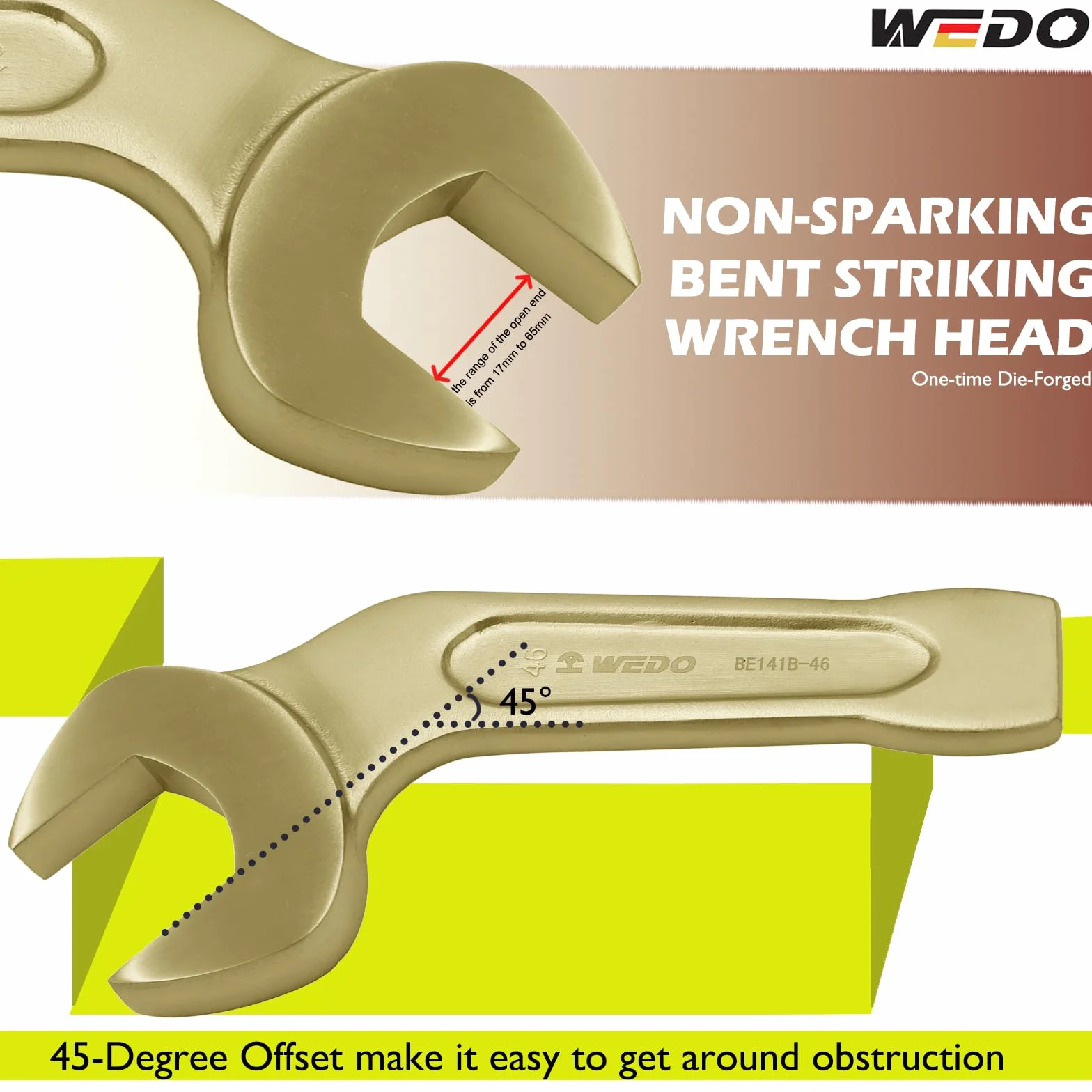 WEDO Nieiskrzący wygięty klucz uderzający z otwartym końcem 45 stopni, klucz bezpieczeństwa, brąz aluminiowy, standard DIN, certyfikat BAM i FM, 7,6", 190 mm x 32 mm