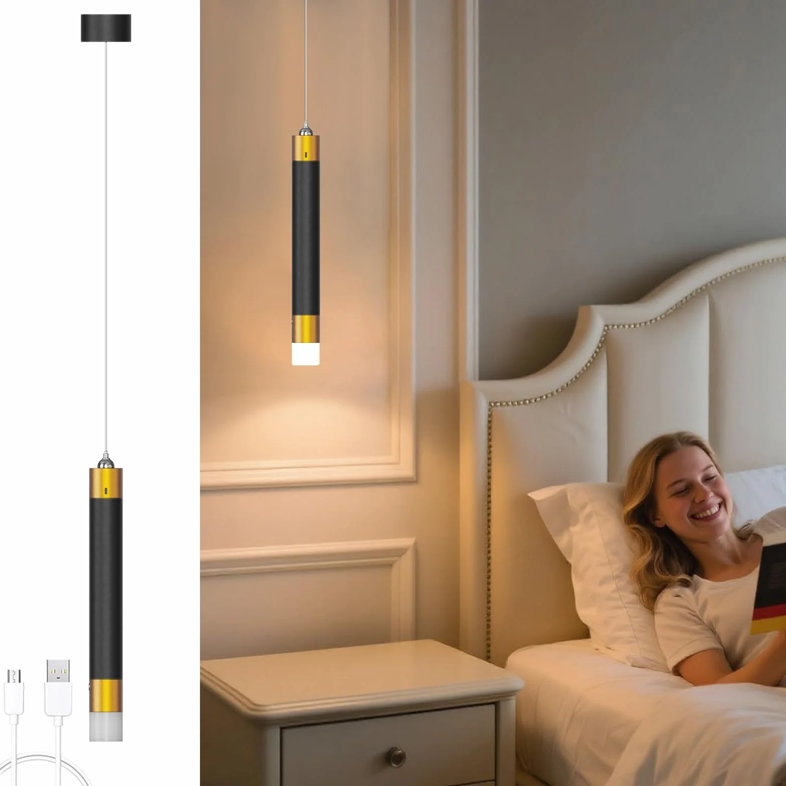 ACMHNC Bezprzewodowa lampa wisząca, lampa do sypialni, lampa wisząca LED 5 W, bateria 4500 mAh, możliwość ściemniania, regulowana wysokość 190 cm, średnica 4 x 33 cm