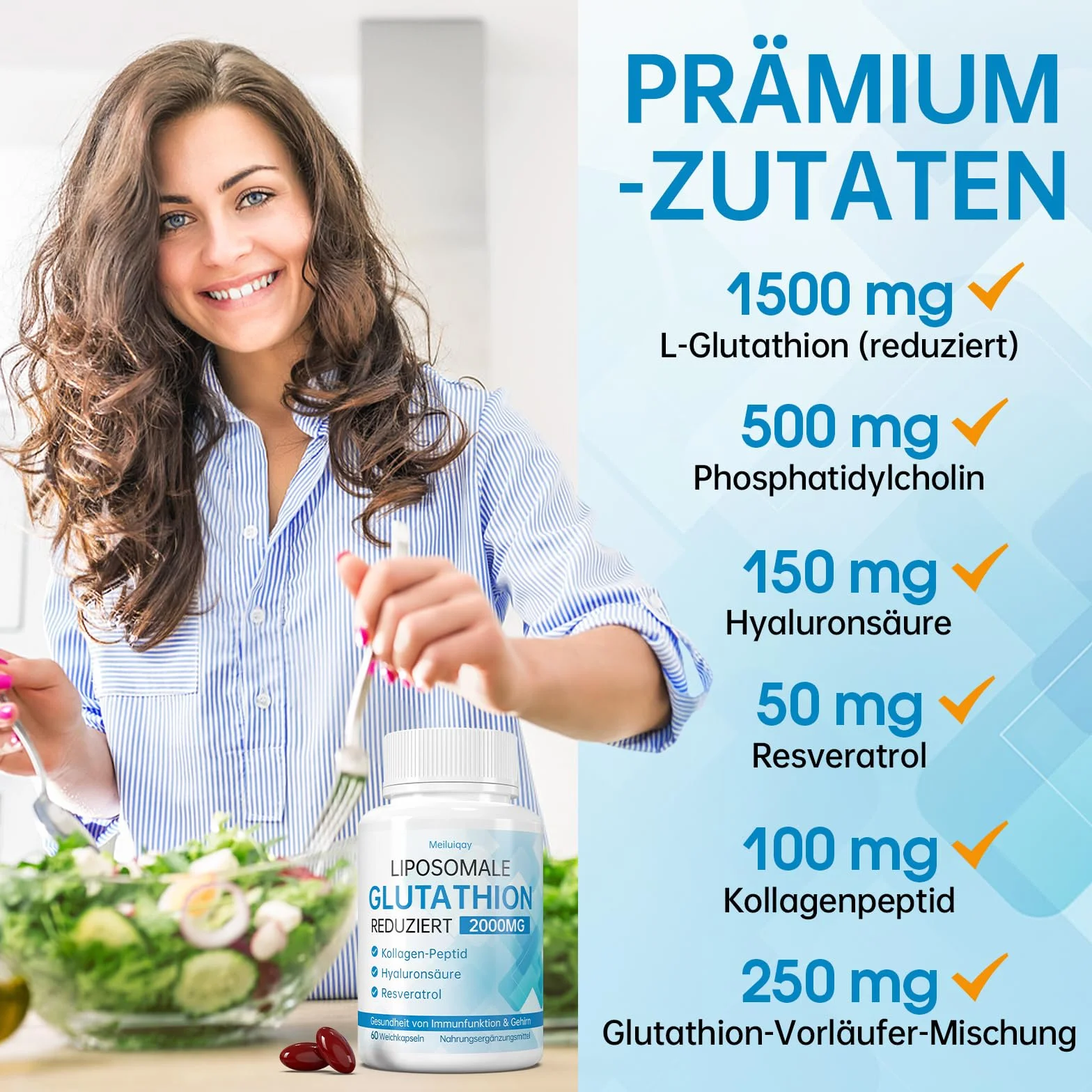 Liposomales Glutathion 2000 mg mit Hyaluronsäure, Kollagenpeptid & Resveratrol, 60 Stück