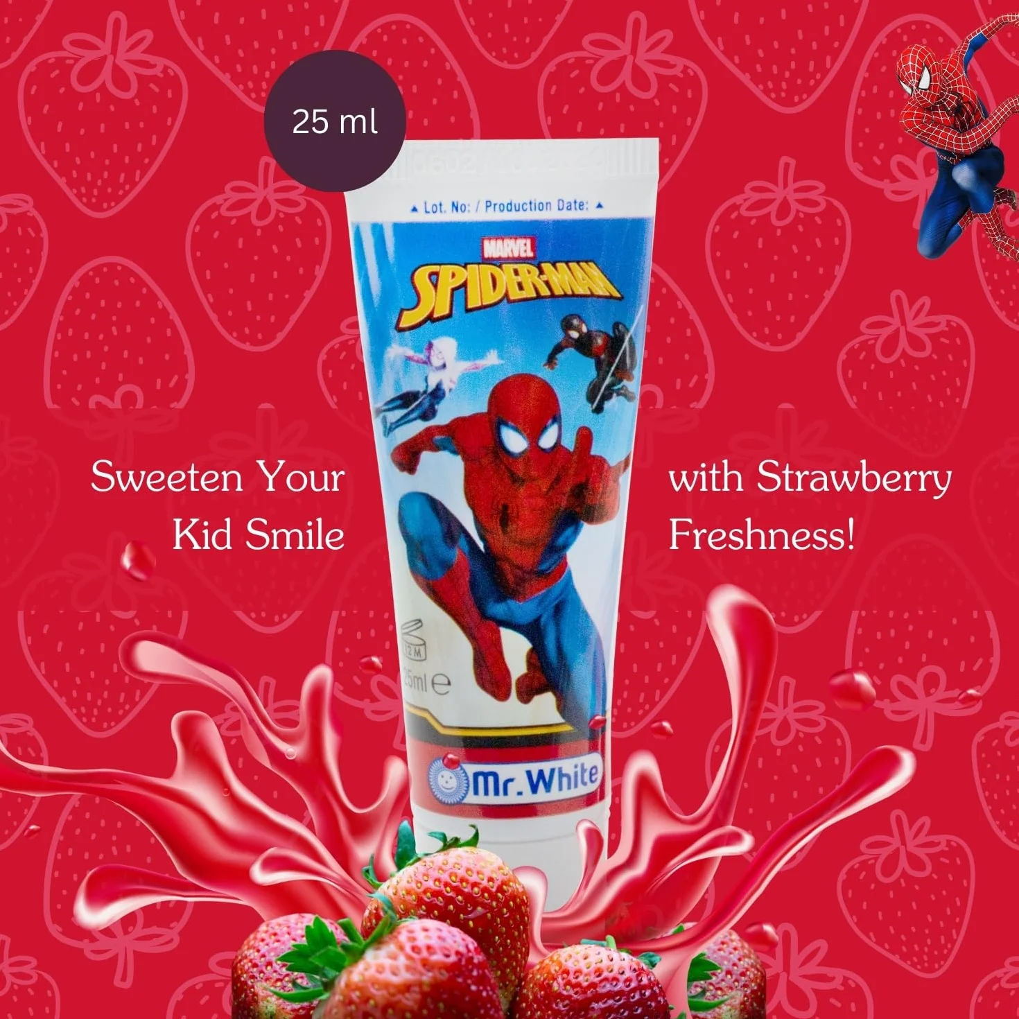 Mr.White Spider-Man zestaw podróżny dla dzieci – zestaw 3 przyborów toaletowych w rozmiarze podróżnym, zawiera szczoteczkę do zębów dla dzieci, pastę do zębów dla dzieci 25 ml i czapkę podróżną – podróżny zestaw dentystyczny dla dzieci