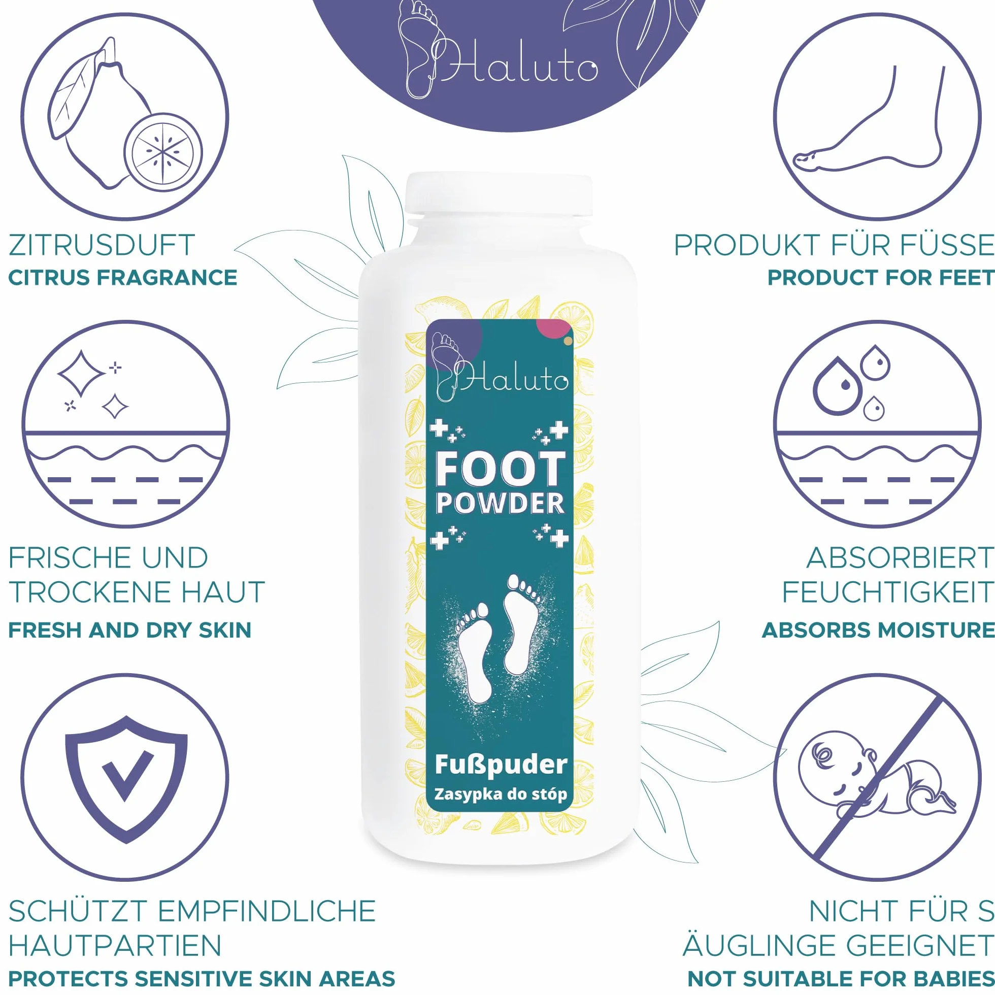 HALUTO Puder do butów i stóp – puder do stóp, przeciwdziała zapachowi, przeciw poceniu się stóp, antybakteryjny, z olejkiem z drzewa herbacianego, naturalny puder do stóp, 120 g (cytrus)