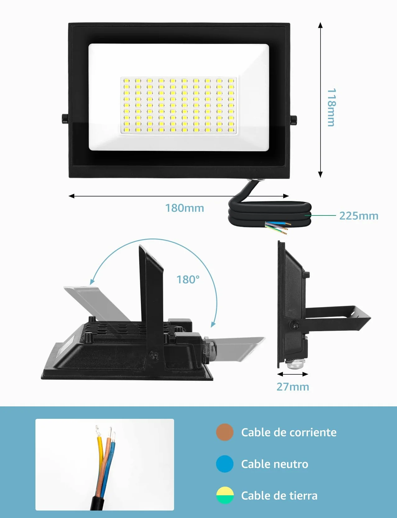 Aigostar Reflektory LED 50W 4500LM, wodoodporne, IP65, 6500K, zimna biel, do garażu, ogrodu, na patio i do parku, 2 pcs