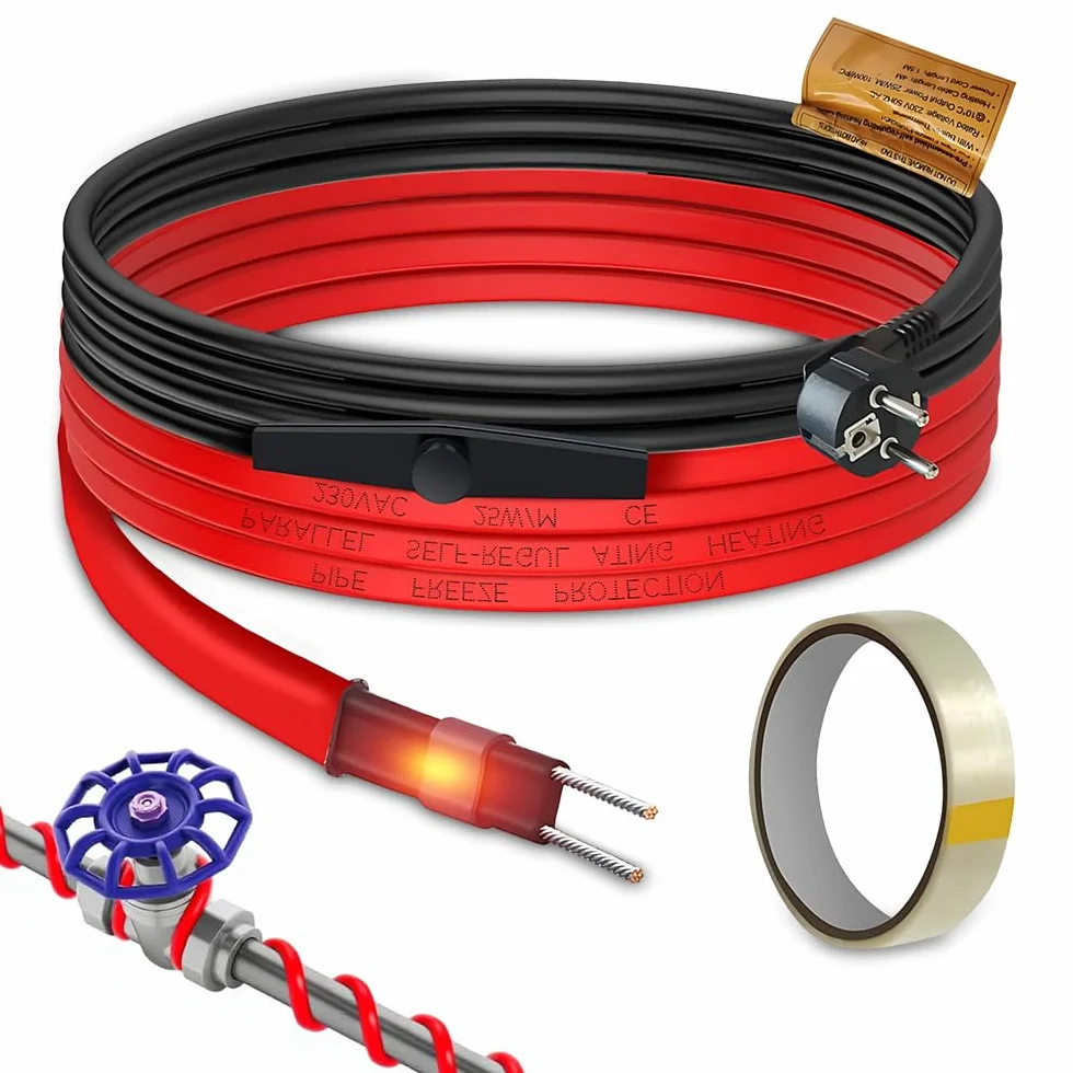 Kabel grzejny 230 V, 6 m samoregulujący się kabel grzejny, ogrzewanie z termostatem, rury grzewcze do rur wodnych, metalu/plastiku, rynny, rośliny