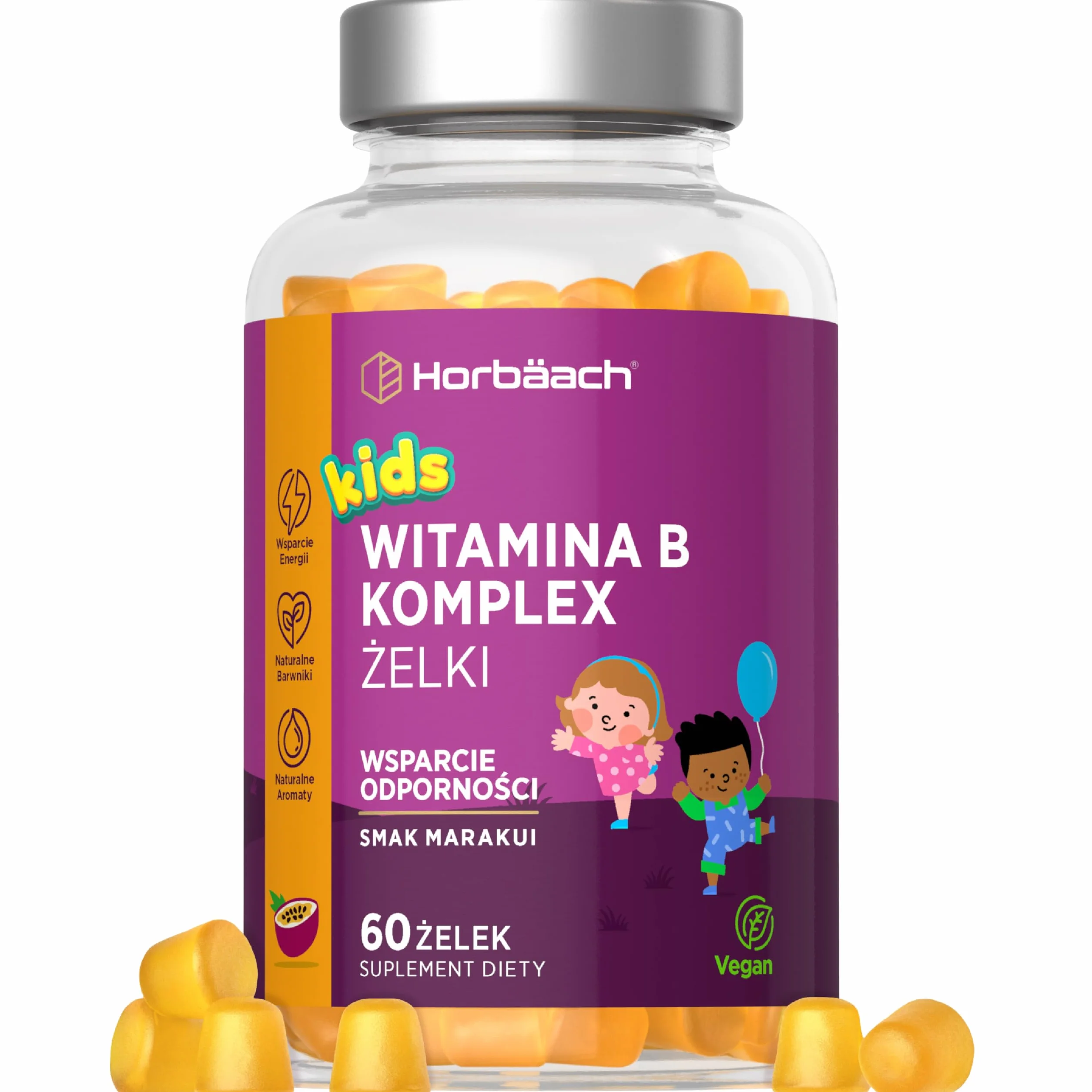 Witamina B Żelki dla Dzieci | 60 Żelek – Pyszny Smak Marakui | Suplement o Wysokiej Mocy z Kompleksem Witamin z Grupy B – B12, B6, B1, B2, B3, B5, Biotyna, Kwas Foliowy, Cynk i Jod | marki Horbaach
