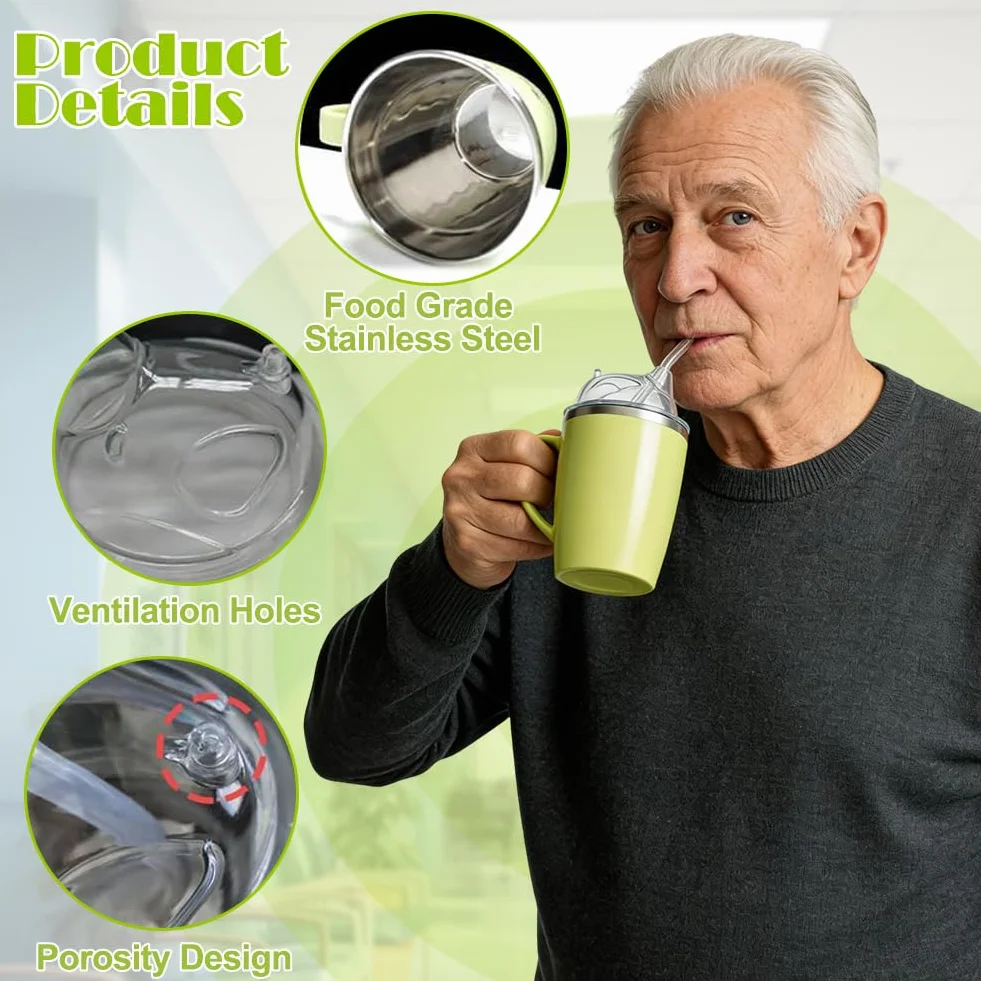 Kubek z dzióbkiem 3 w 1, dla seniorów, 350 ml, z uchwytem i słomką 30 cm, dla dorosłych z niepełnosprawnością, kobiet w ciąży i osób starszych