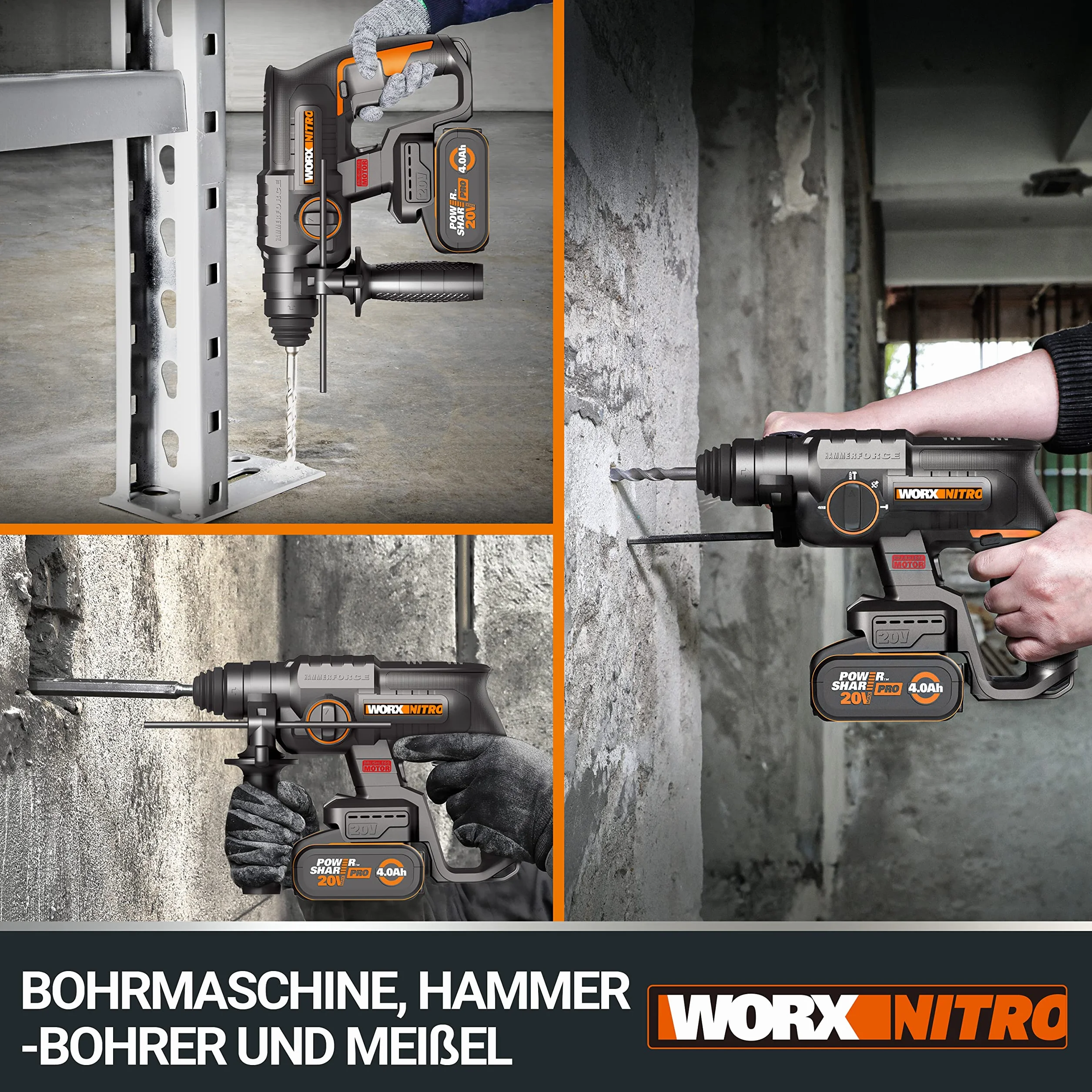 WORX Bezprzewodowy dziurkacz bezszczotkowy 20V WX381.9, 2J, 3 w 1, wiercenie, wiercenie, dłutowanie we wszystkich materiałach, antywibracje, dostarczany bez baterii i ładowarki, z akcesoriami