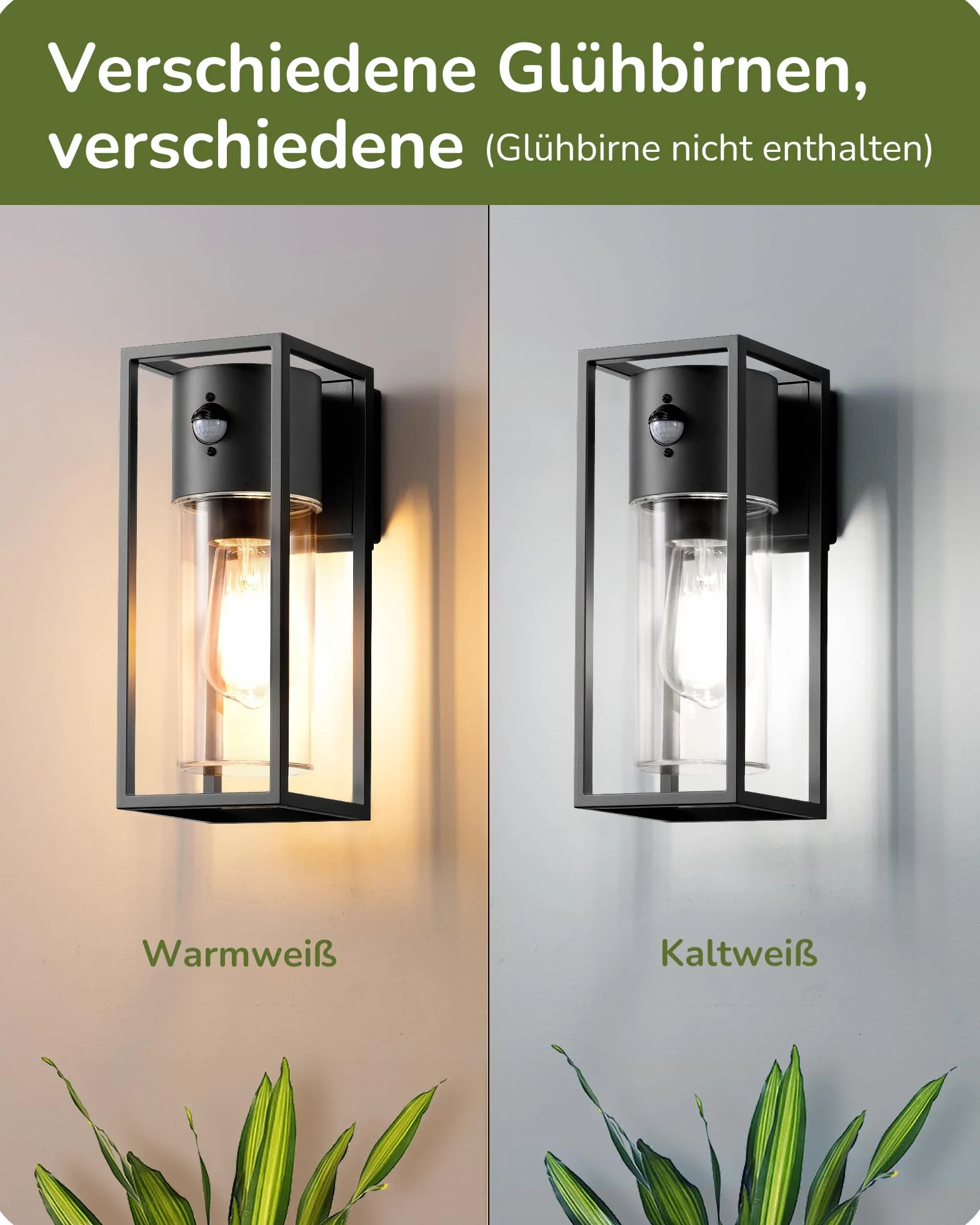 EDISHINE Zewnętrzna lampa ścienna z czujnikiem ruchu, gniazdo E27, wodoodporna IP44, lampa ścienna z aluminium i szkła hartowanego do ogrodu, balkonu, tarasu, frontu, żarówki nie są dołączone, czarna
