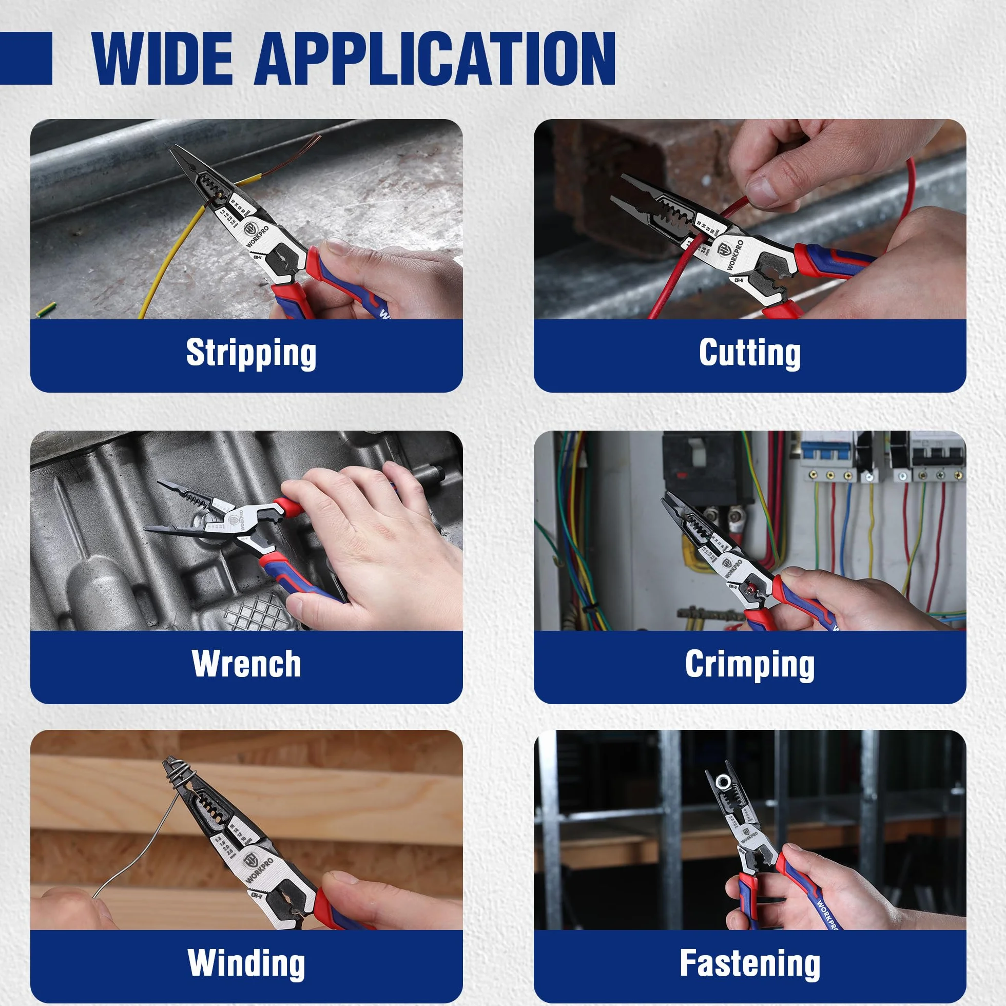 WORKPRO Szczypce wąskie, 7 w 1, ściągacz izolacji, obcinacz, zaciskarka, klucz, długie, 200 mm, do przewodów, 16–10 AWG (1,3–2,6 mm), wielofunkcyjne, Cr-V, dla elektryków