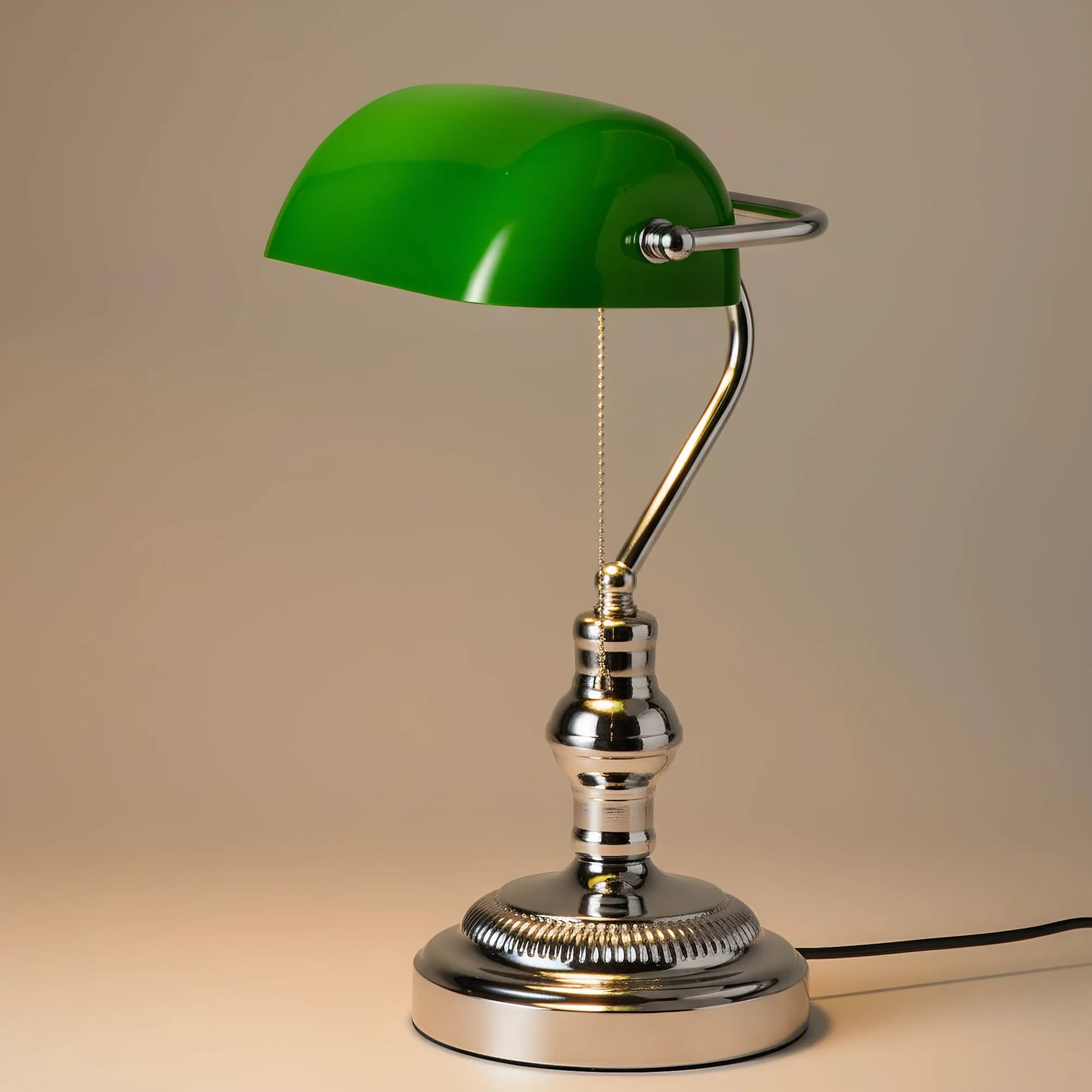 BARCELONA LED Vintage Lampka Stołowa Bankierska z Chromowaną Metalową Podstawą i Zielonym Szklanym Kloszem – Regulowana Retro Lampka Biurkowa E27 do Biura, Salonu, Sypialni i Restauracji