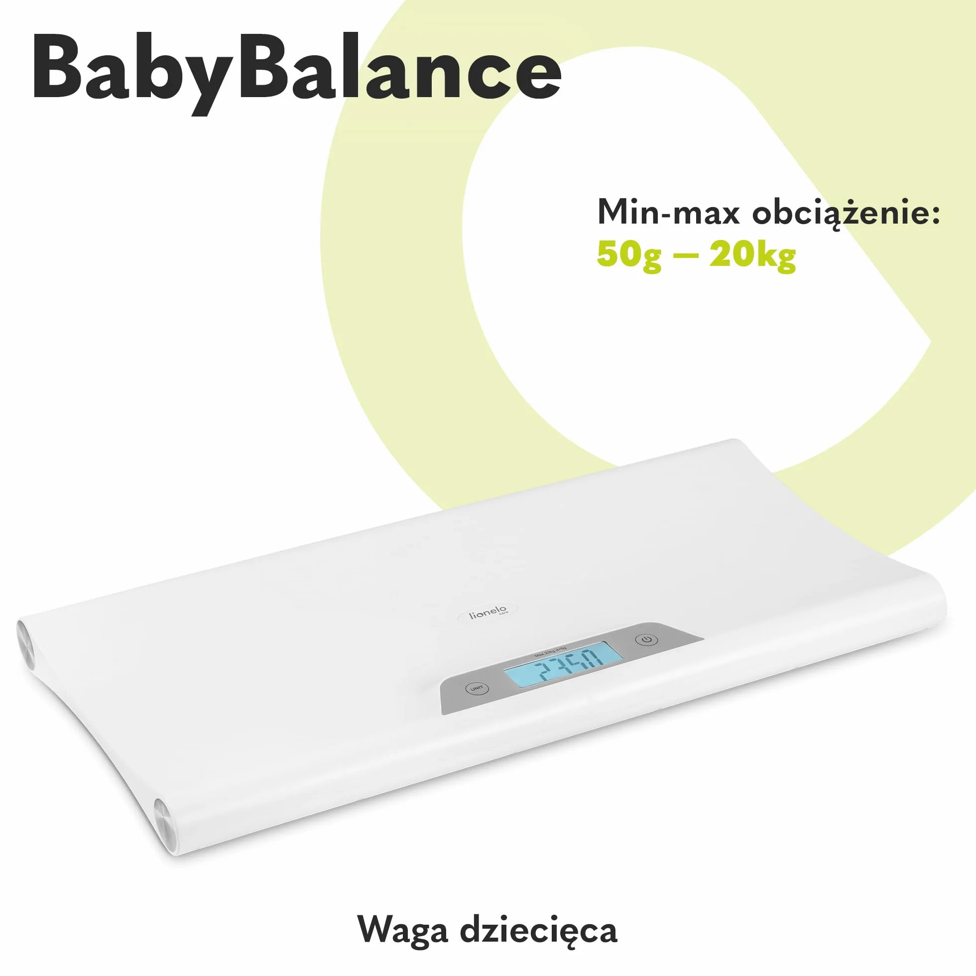 LIONELO BABYBALANCE waga elektroniczna dla niemowląt, waga do 20 kg, duży wyświetlacz, funkcja tarowania, przechowywanie ostatniego pomiaru, precyzyjne ważenie w odstępach co 5 g