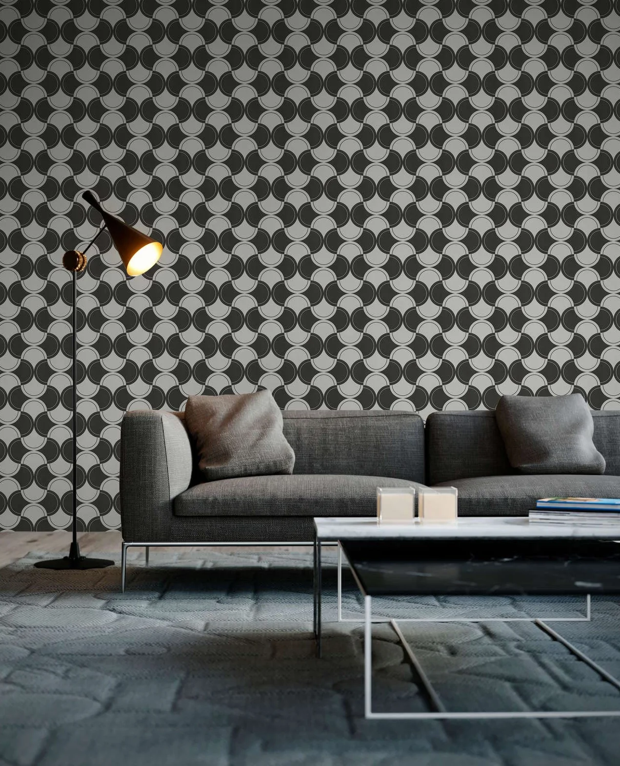 Tapeta retro lata 70. na fizelinie czarno-biała geometryczny wzór koła 10,05 x 0,53 m