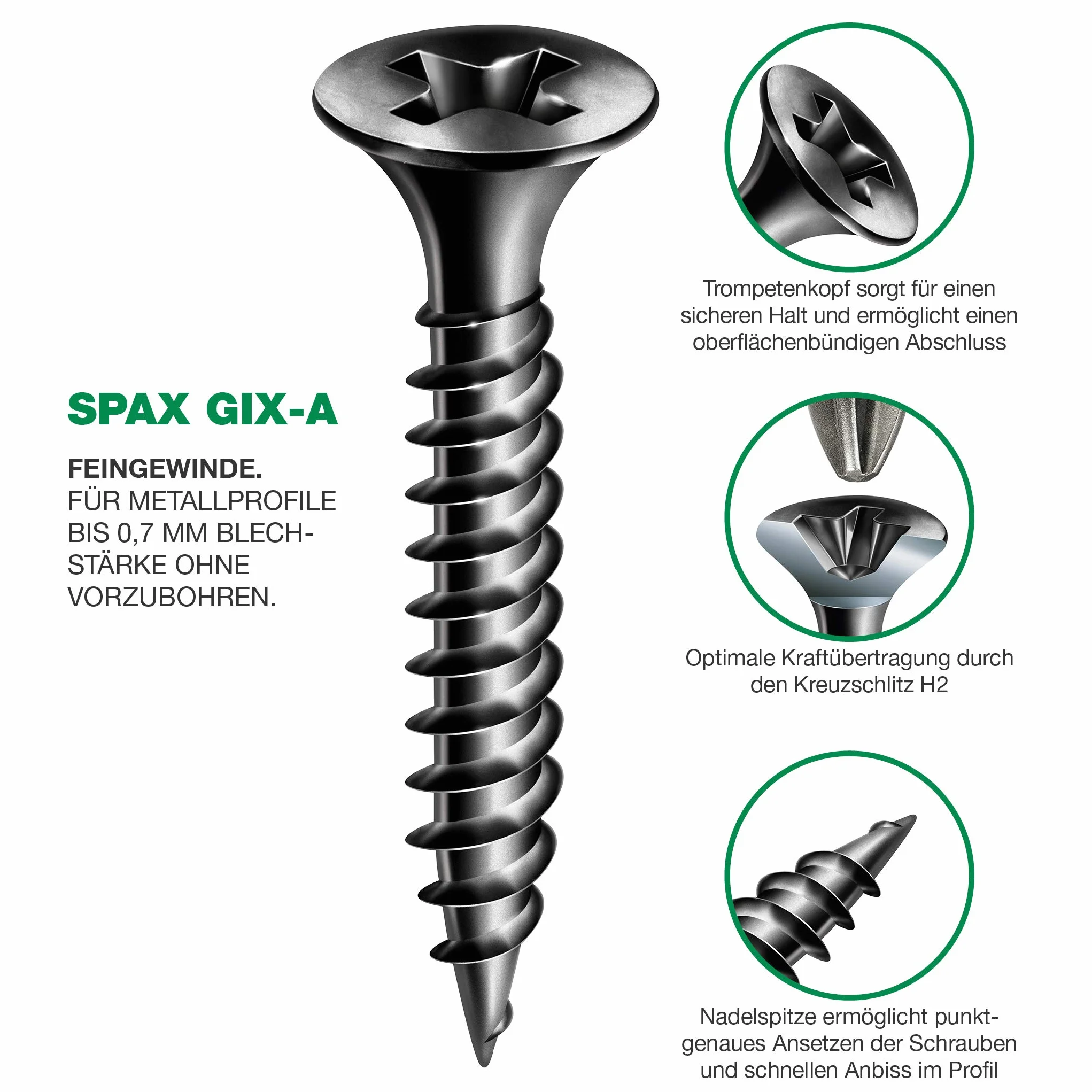 SPAX GIX-A 1091170390255 wkręty do szybkiego montażu 3,9 x 25 mm drobny gwint, 1000 sztuk, łeb trąbki, krzyżakowy H2, śruby do gipsowo-kartonowego kartonu, na metalowym stojaku