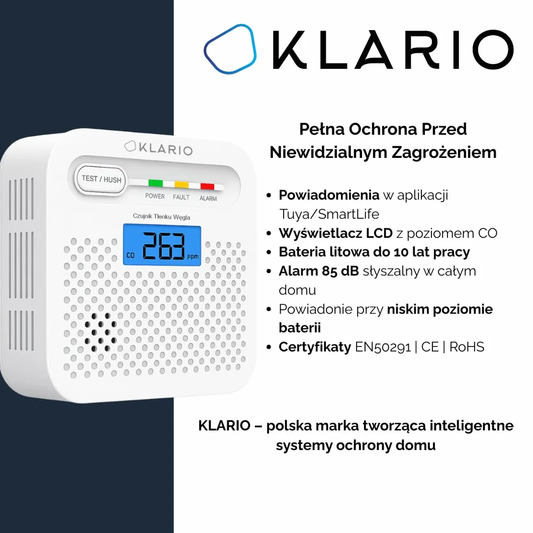 Klario Czujnik Czadu CO WiFi Tuya SmartLife Detektor Tlenku Węgla 85 dB LCD Bateria 10 lat EN50291