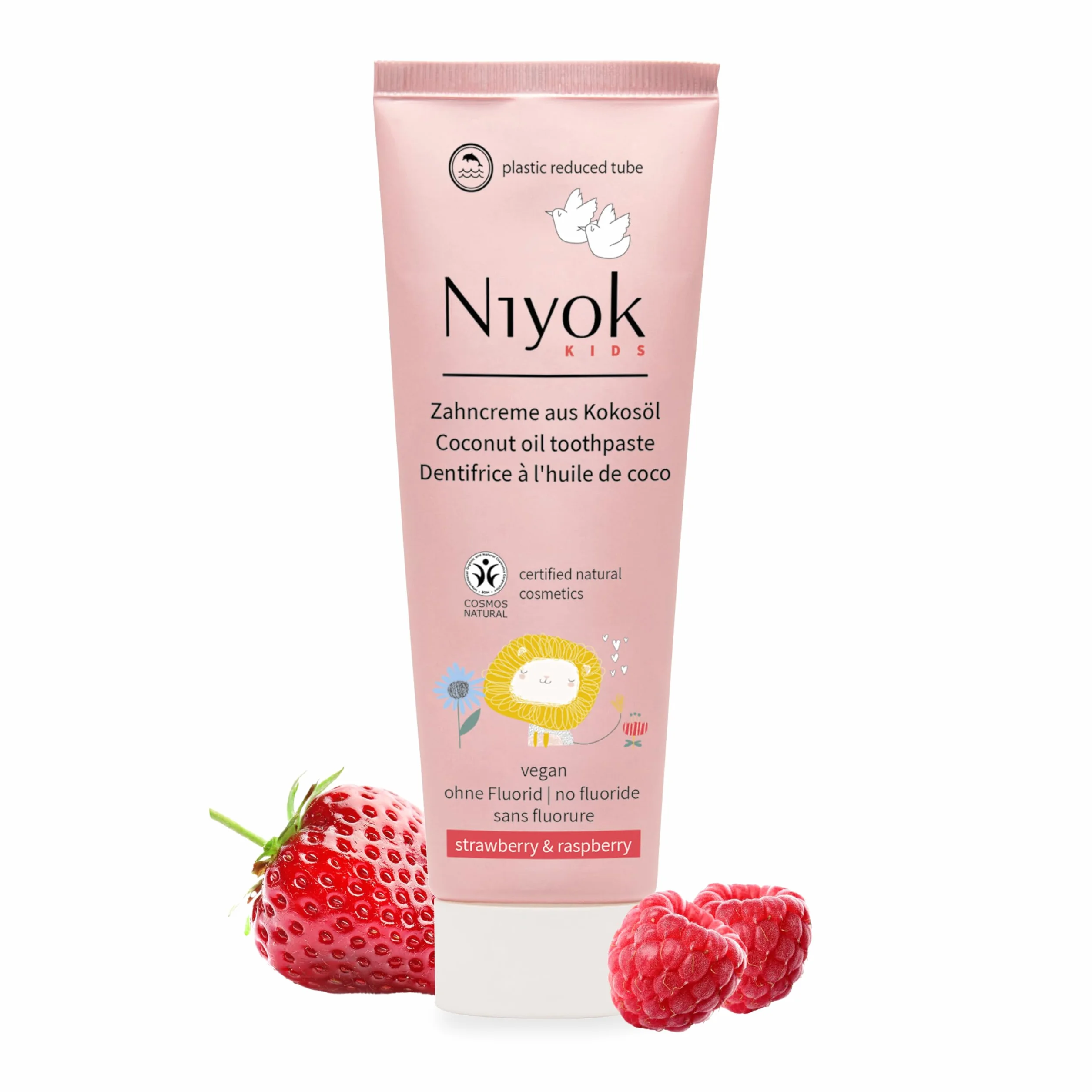 Niyok® Pasta do z?bów z olejkiem kokosowym bez fluorku i mikroplastiku | Bio naturalny kosmetyk dla dzieci | ksylit zio?owy | naturalna pasta do z?bów wega?ska | dla dzieci truskawka i malina (75 ml)
