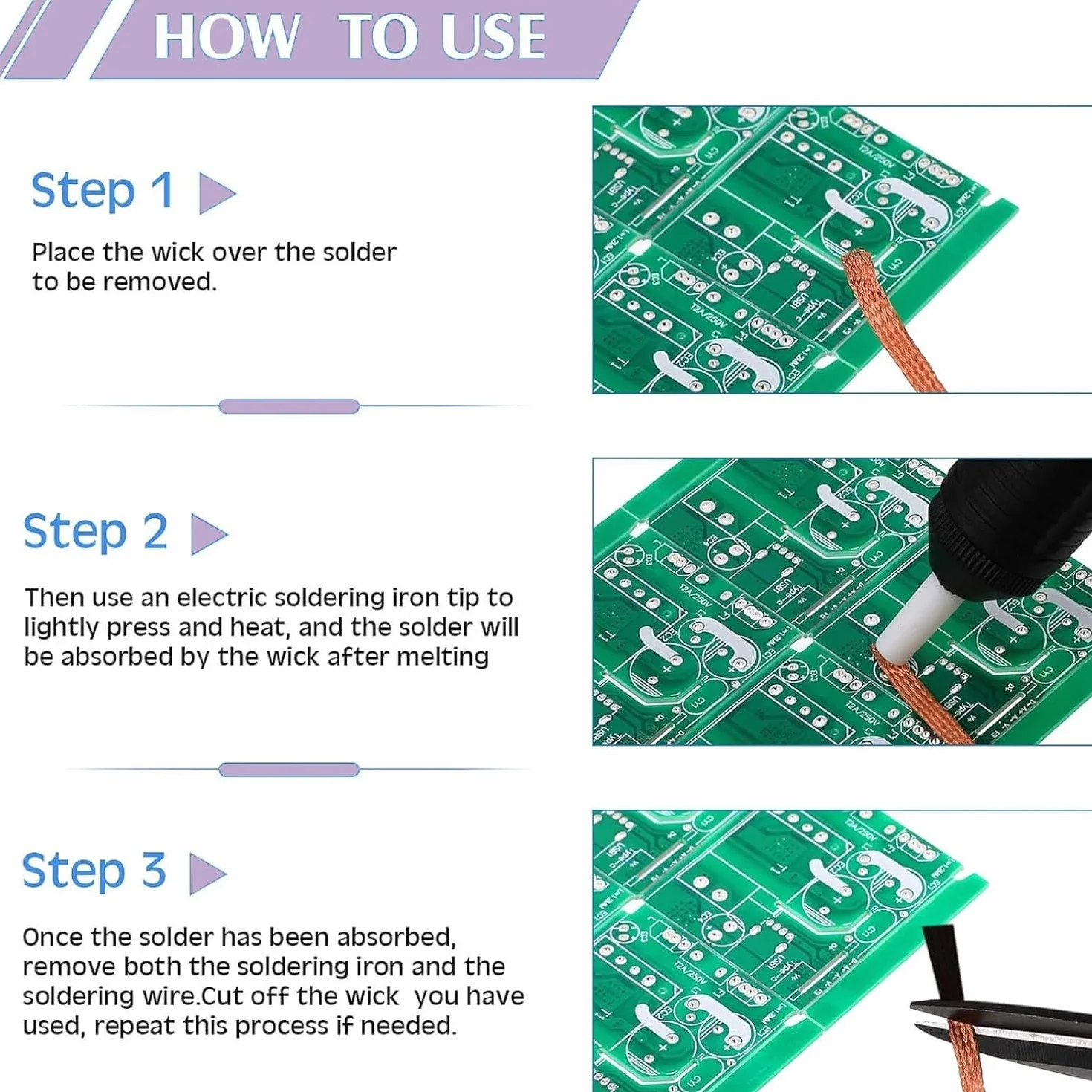 Solder Wick Desoldering Braid No-Clean Flux 1.5mm x 1.5m 5PCS Alloy Copper Braided for PCB Repair