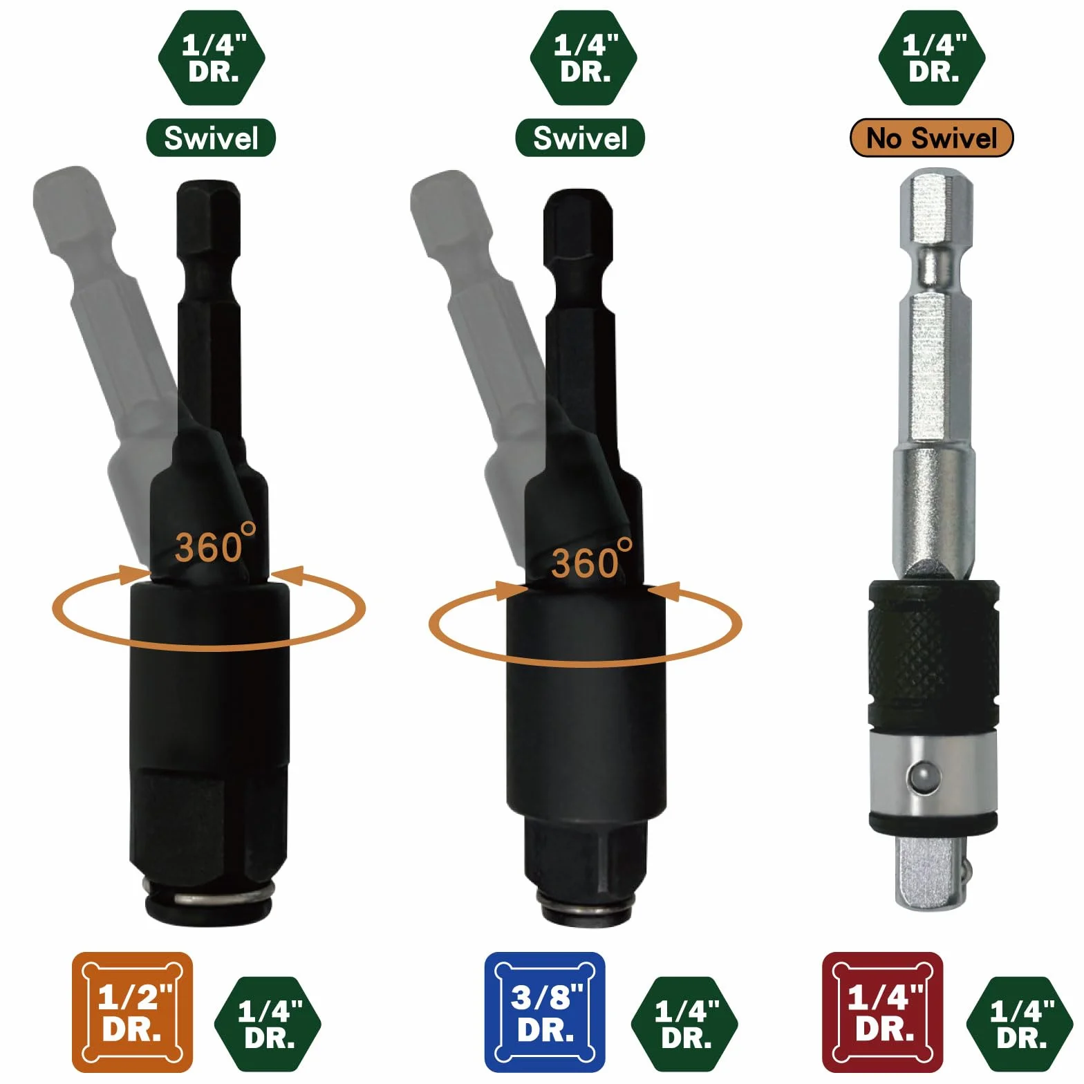 KESI Narzędzie 2 w 1, 3-częściowy zestaw adapterów z obrotową wtyczką udarową, 1/10,2 cm, 3/20,3 cm, 1/5,1 cm, obrotowy o 360°, uchwyt magnetyczny, stal