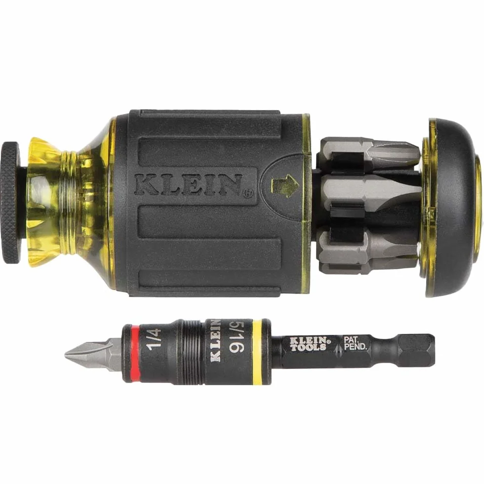 Klein Tools 32931 Zestaw nasadek udarowych 3 w 1, gniazdo z klapką z 2 rozmiarami sterowników sześciokątnych SAE i funkcją trzymania bitów 1/4 cala, klasa udarowa