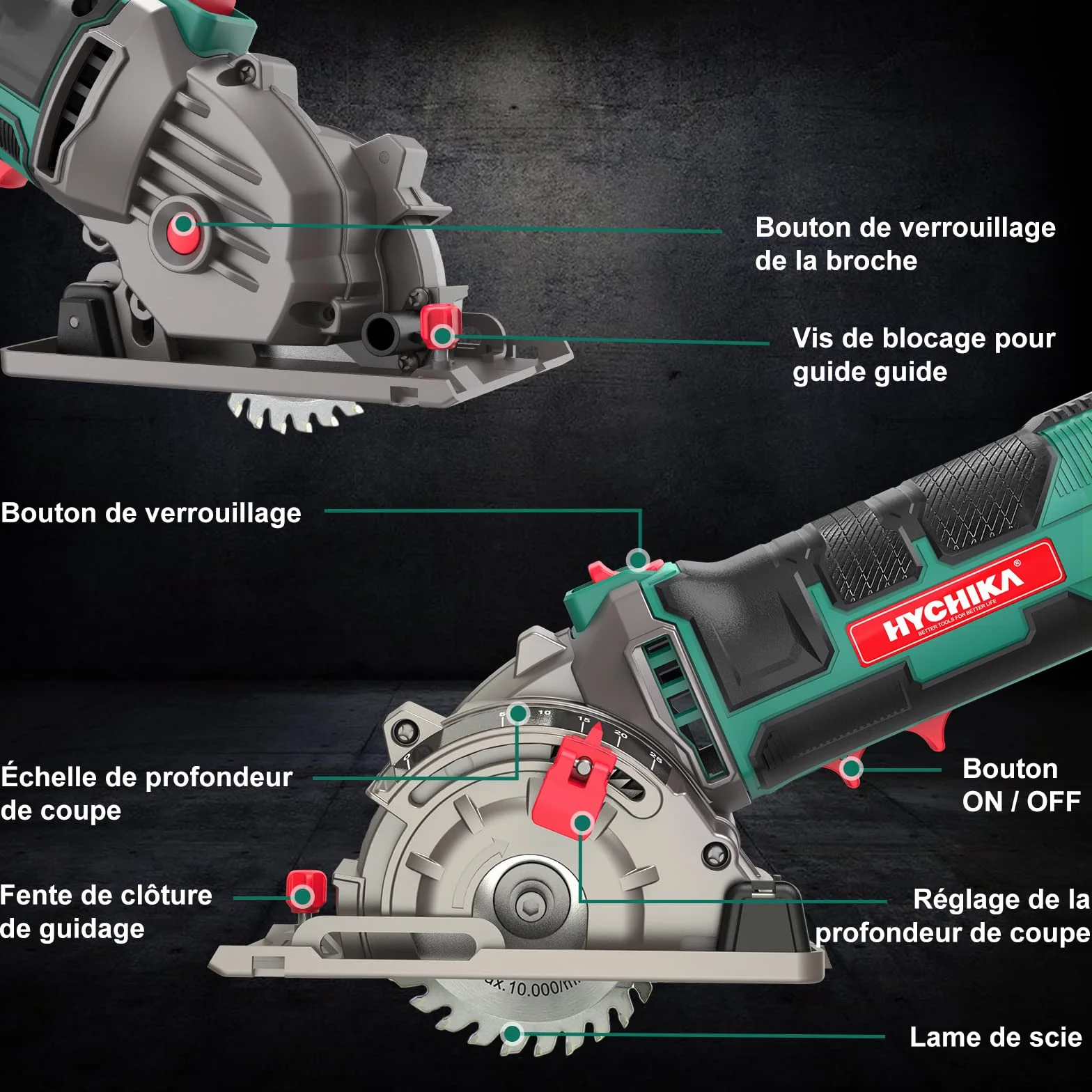 Hychika Mini Piła Tarczowa, Piła Tarczowa Z 3 Brzeszczotami, Liniał, 500W Silnik Z Czystej Miedzi, 4500 Obr. Idealna Do Cięcia Drewna, Miękkiego Metalu, Płytek I Plastiku