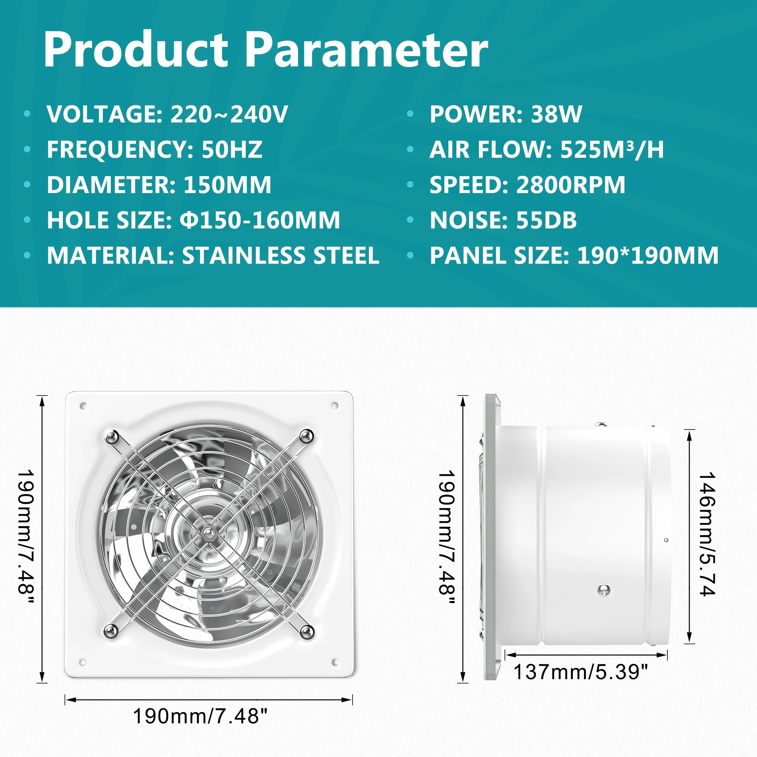 Wentylator wyciągowy HG Power 150 mm 525 m³/h z klapą zwrotną metalowy ścienny