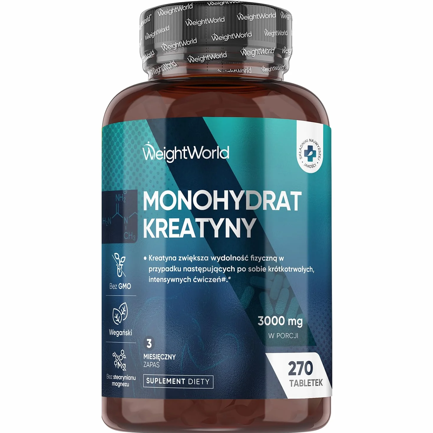 Monohydrat kreatyny 3000 mg 270 wegańskich tabletek suplement diety bez GMO