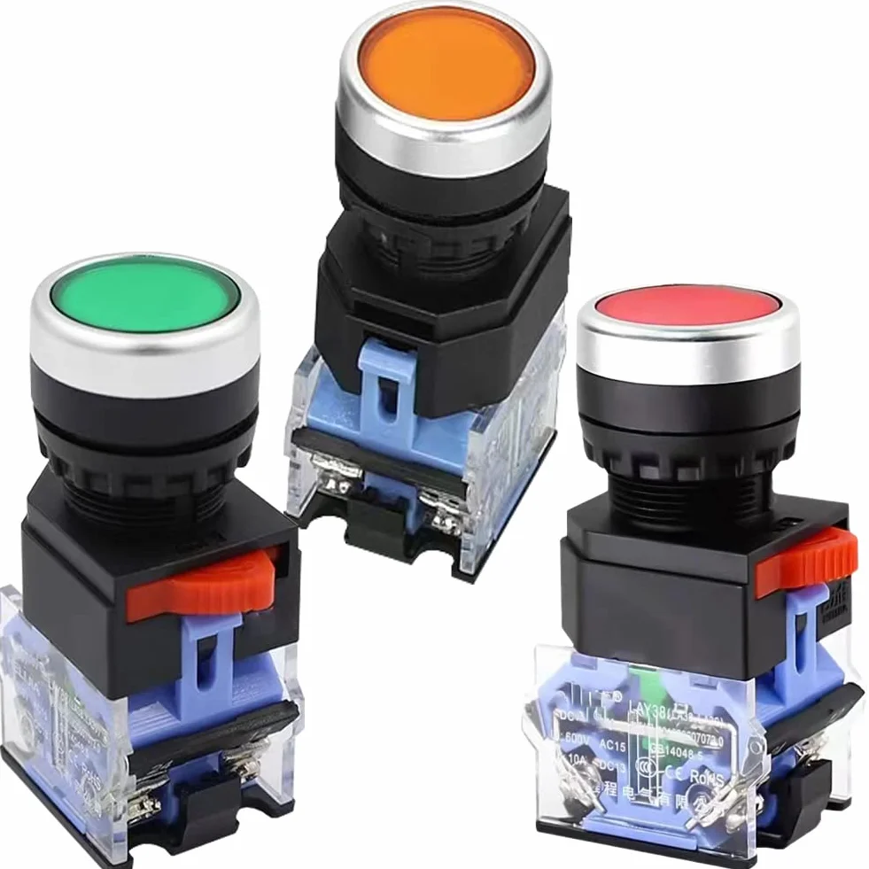 Chwilowy przełącznik przyciskowy czerwony, zielony, żółty, 22 mm, 10 A, 660 V, 4 zaciski, IP54, funkcja Start Stop