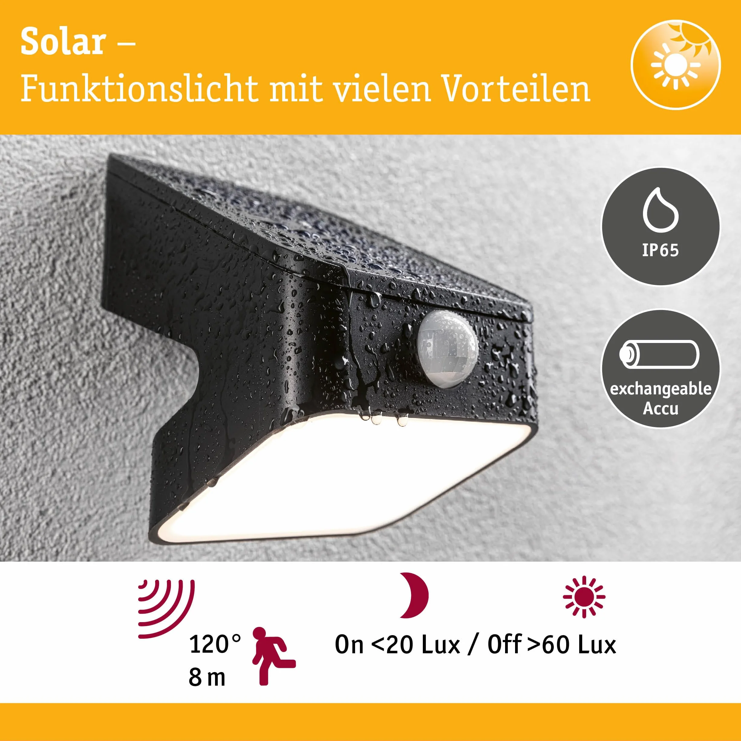 Paulmann 94608 Solarna myjka ścienna LED LeslyTwilight Controlled Motion Detector (IR) IP65Square 113x126mm3000K 5,5W 400lmantracyt plastik