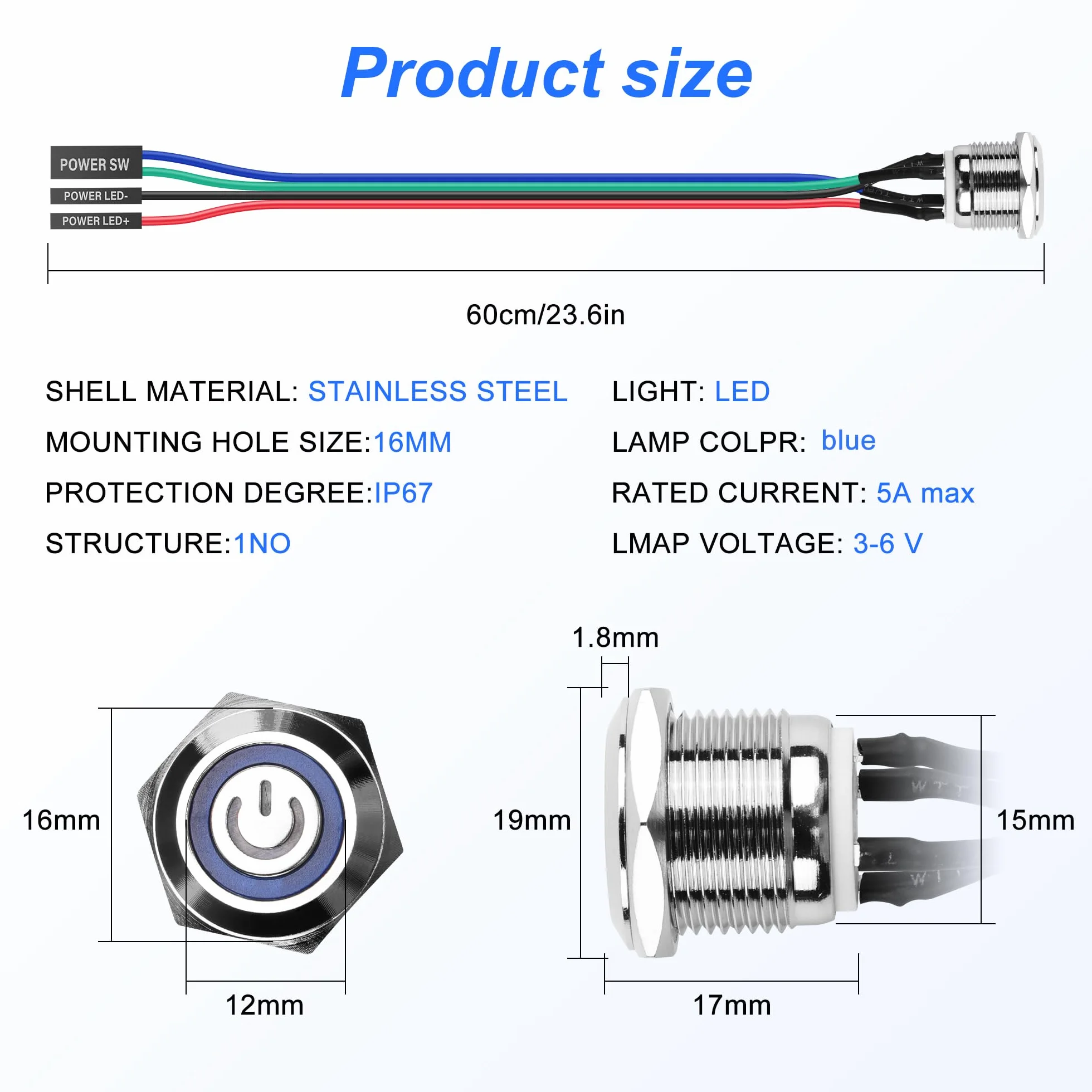 SinLoon Przełącznik komputerowy DIY przycisk zasilania 16 mm LED PC przełącznik zasilania z rozdzielaczem 1 w 2 niklowany aluminiowy przycisk mechaniczny IP67 wodoodporny (niebieskie podświetlenie