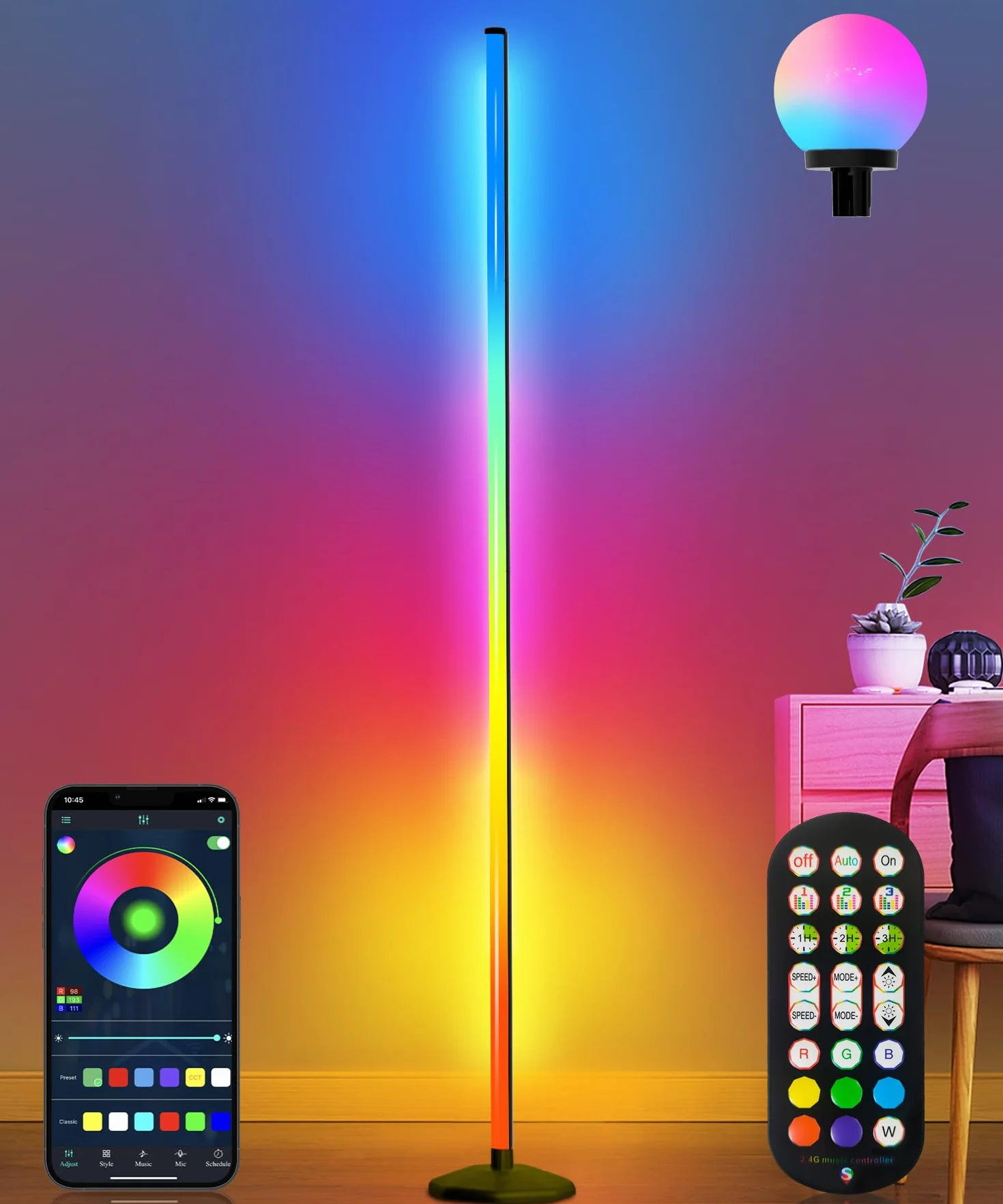 KingSom Lampa podłogowa LED, 175 cm, lampa narożna RGBW ze światłem kulistym, inteligentna lampa podłogowa z pilotem i aplikacją Bluetooth, 16 milionów kolorów, synchronizacja muzyki, nowoczesna lampa