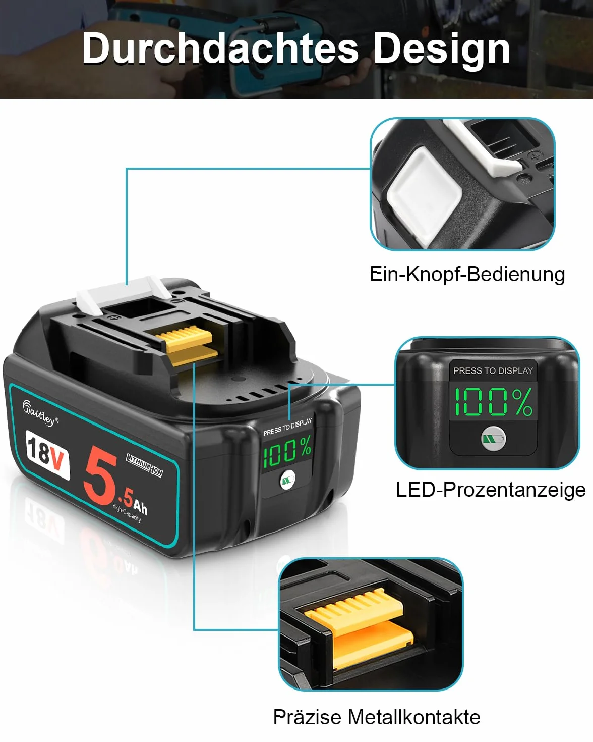 Makita 18 V zamienny akumulator Waitley 5500 mAh BL1850 BL1860B BL1840 BL1830 BL1820B BL1815