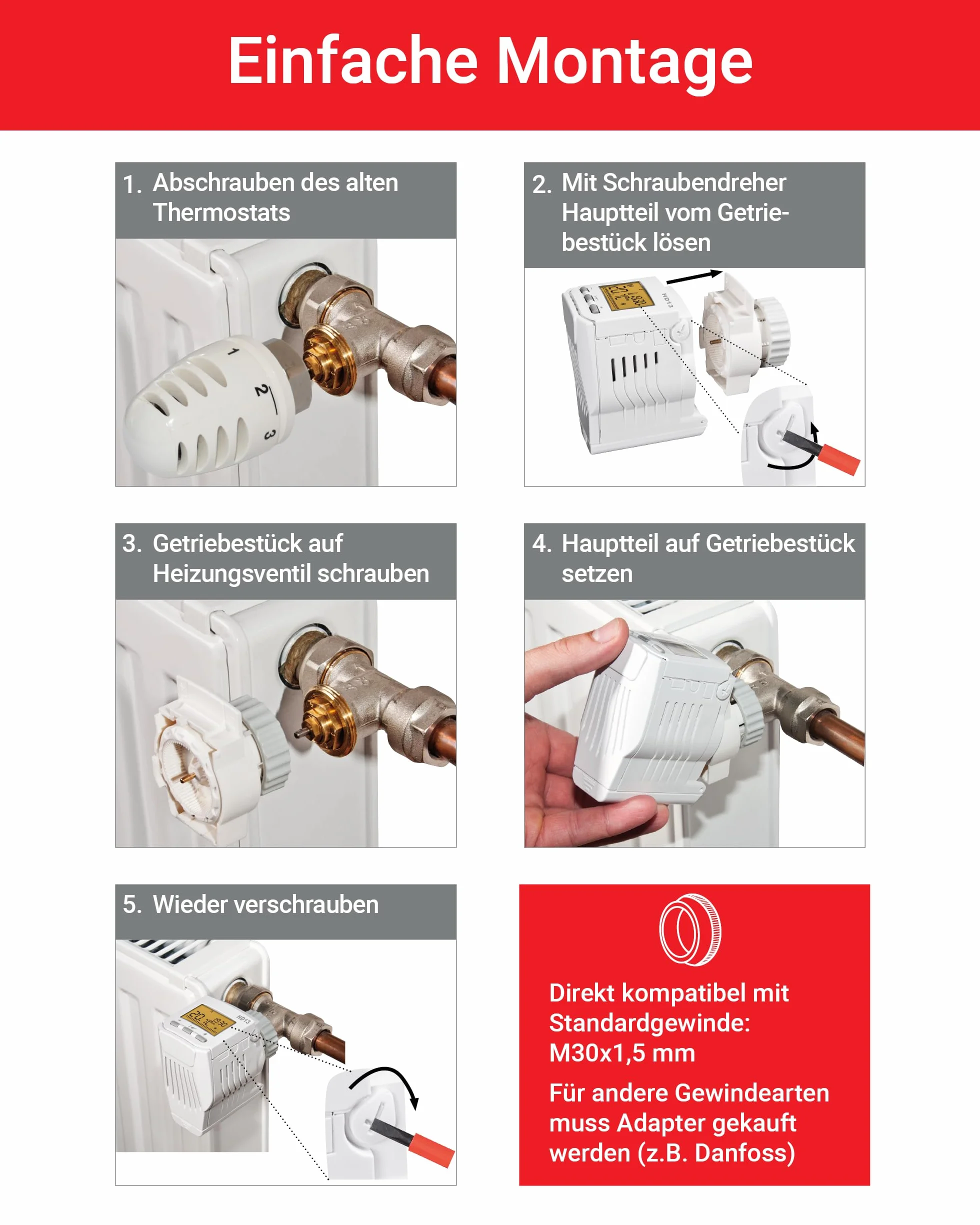 Elektrobock HD13-L programowalny termostat grzejnikowy, 280 W, 230 V, biały, kompaktowy