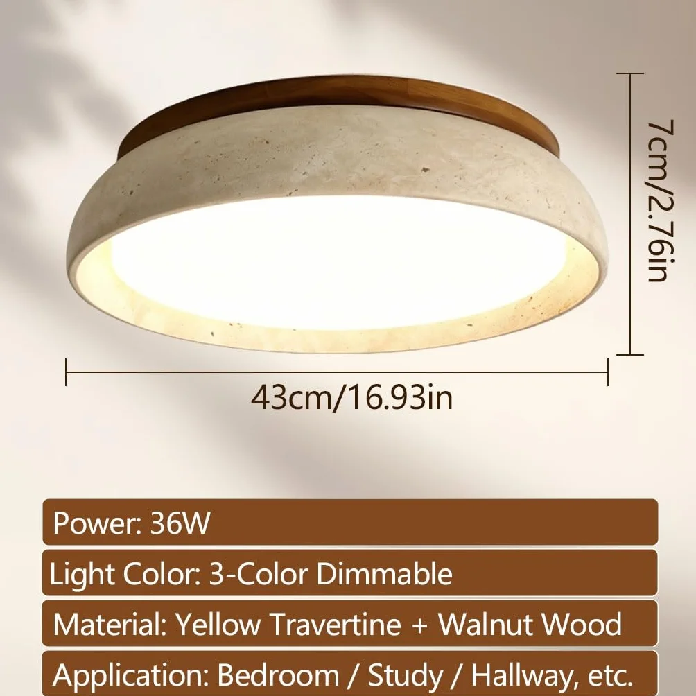 Lampa Sufitowa Wabi-Sabi Naturalny Trawertyn Oświetlenie Sufitowe LED 3 Kolory Regulowane Oprawa Sufitowa Nowoczesna Kształt Miski Do Sypialni Salonu Jadalni Lampa Korytarzowa(43cm)