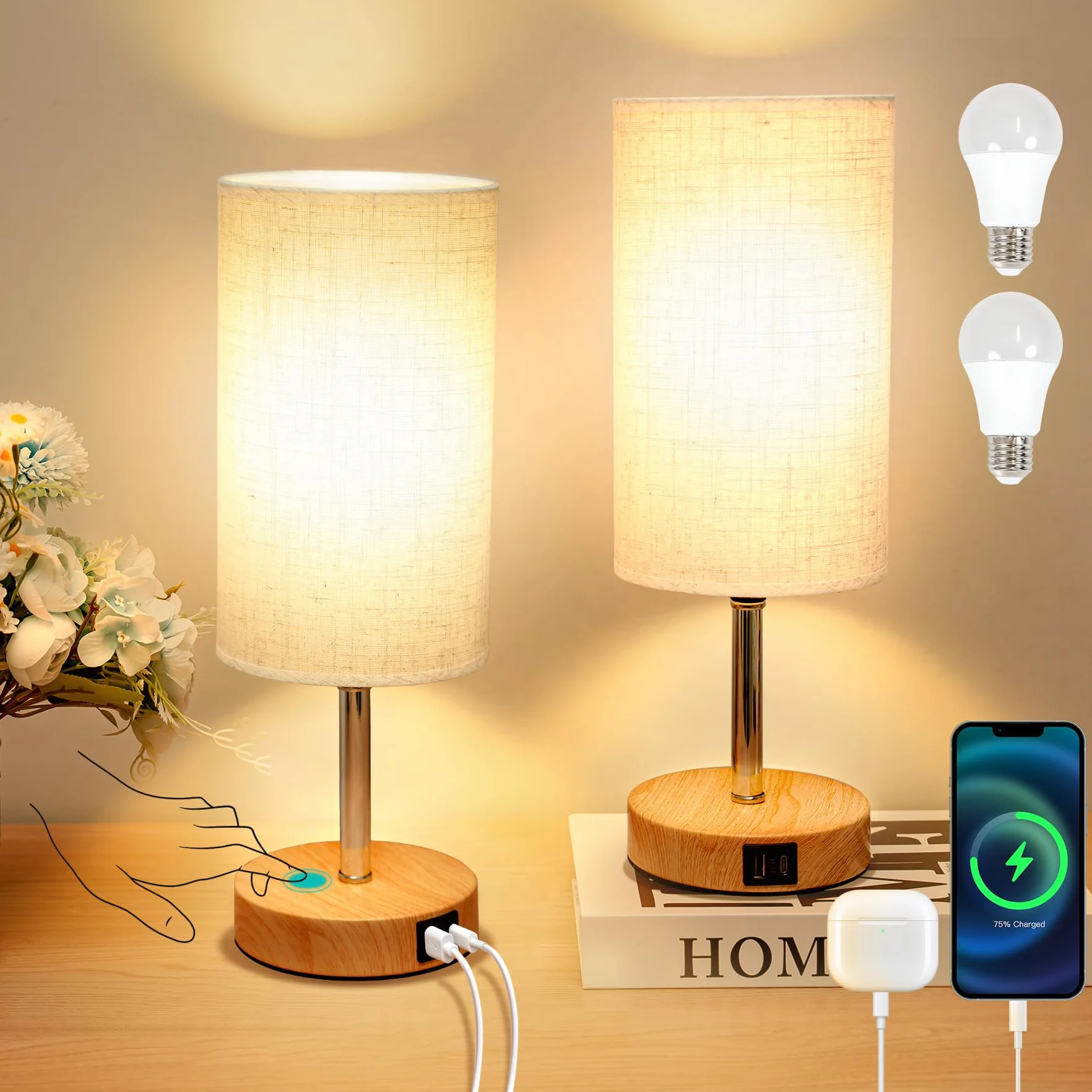Lampka nocna dotykowa ściemniana zestaw 2 sztuk z portami USB A/C abażur lniany 3 poziomy jasności 9W