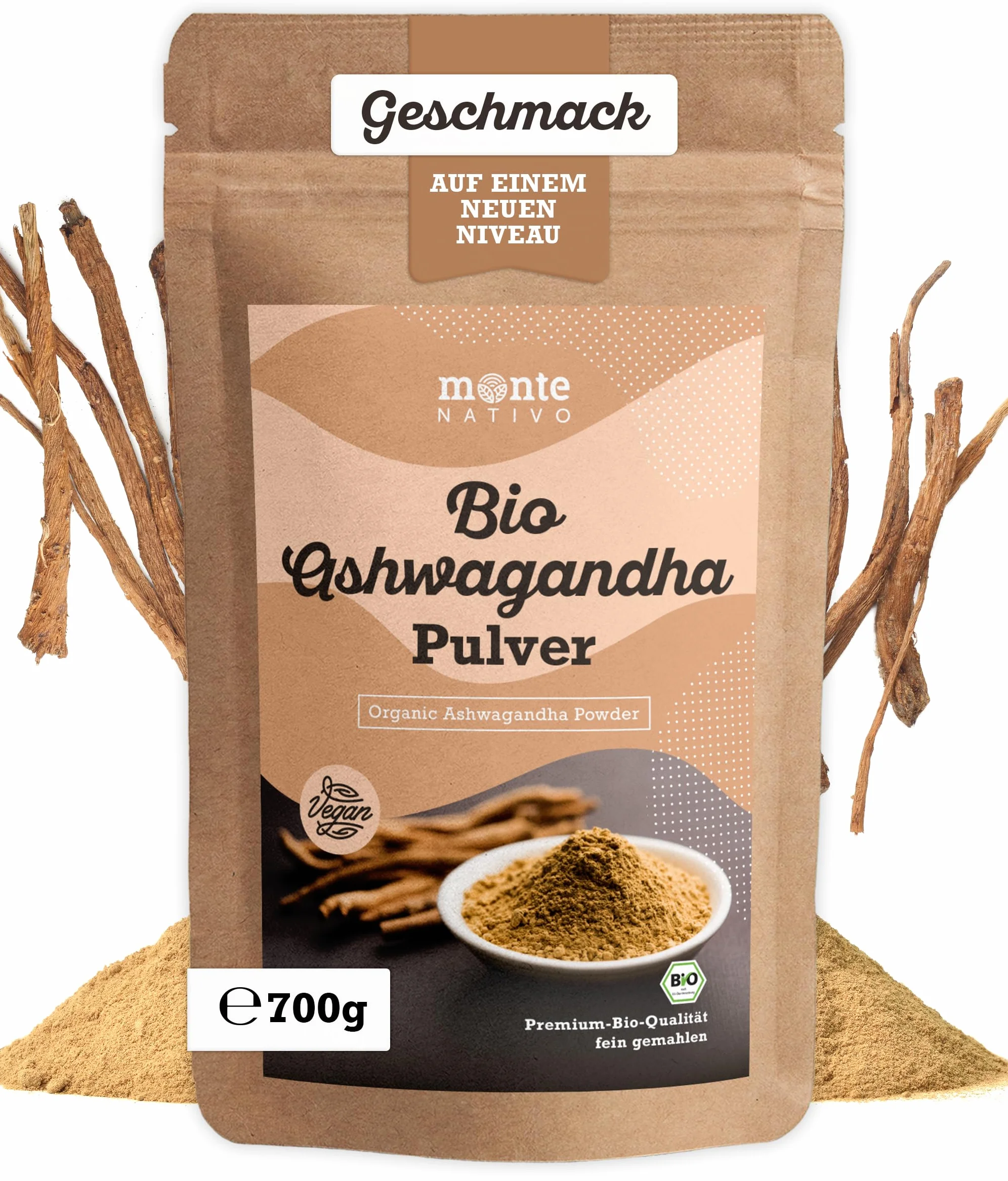Organiczny Proszek z Witani Ospałej firmy Monte Nativo - 700g Najwyższa jakość - Proszek ze zmielonego korzenia - Żeń-szeń indyjski - Zimowa wiśnia - Withania Somnifera - Certyfikat Ekologiczny - z Indii - Testowany Laboratoryjnie