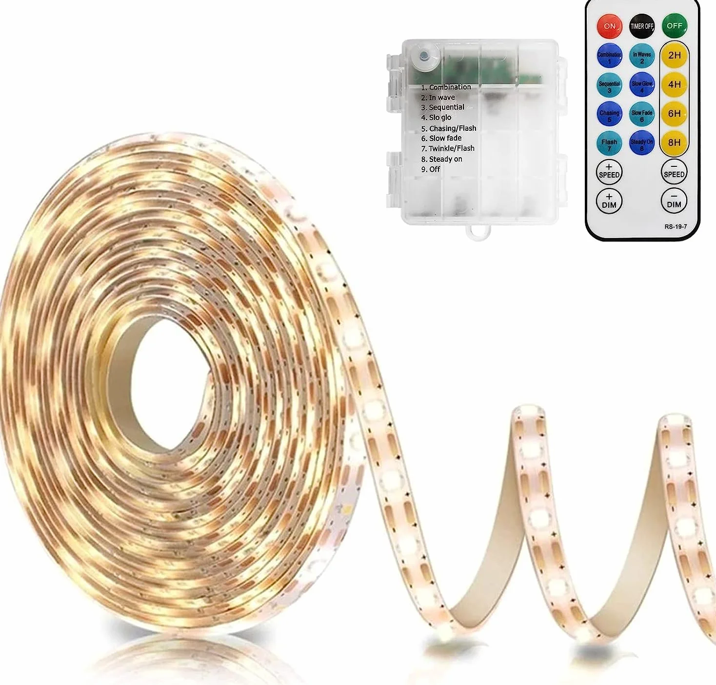 CCILAND Taśma LED 5M, 150 diod LED, taśma na baterie z 8 trybami, timerem, pilotem zdalnego sterowania, możliwość przyciemniania, taśma LED na baterie, samoprzylepna do kuchni, sypialni, dekoracja