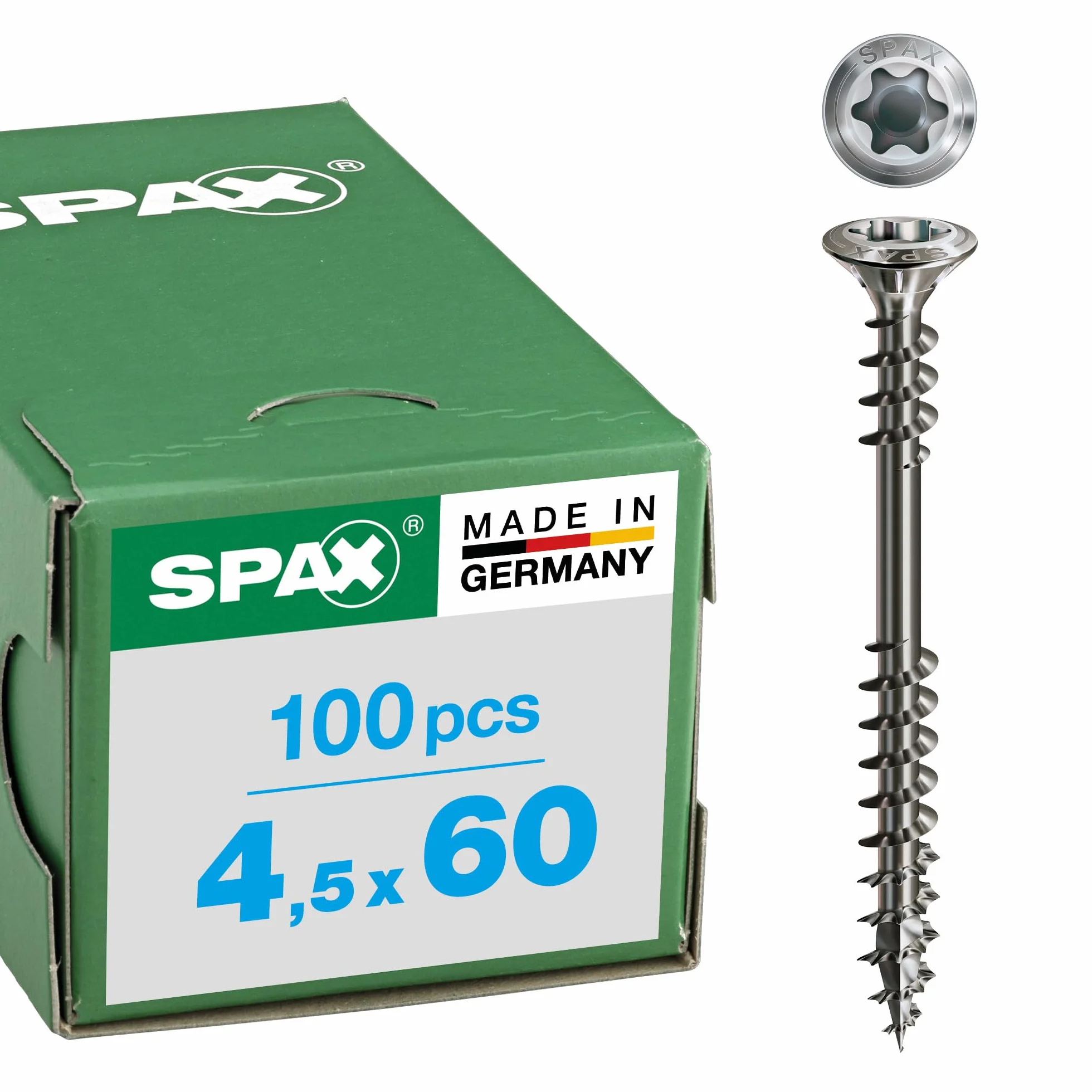 SPAX Śruba fasadowa ze stali nierdzewnej A2, 4,5 x 60 mm, 100 sztuk, T-STAR plus, zredukowana łeb soczewki, gwint mocujący, 4CUT, 25470004506022