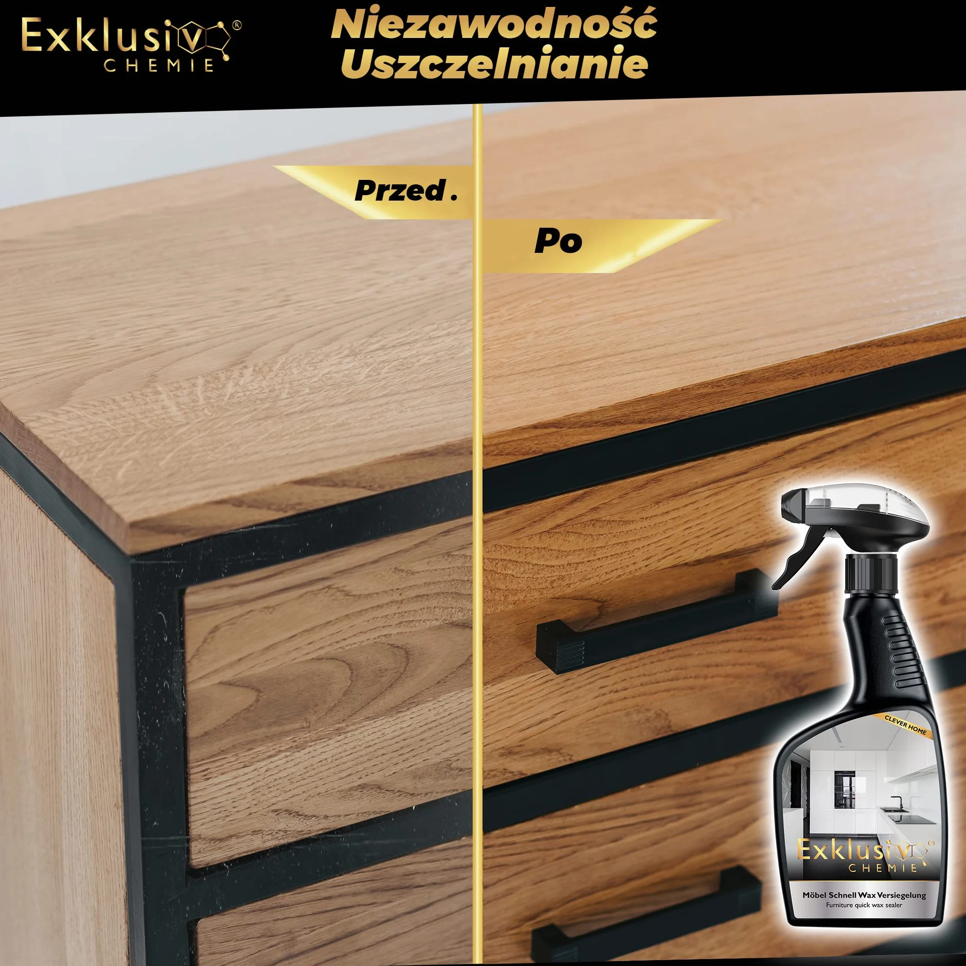 Exklusiv Chemie® Środek do czyszczenia frontów na wysoki połysk | Pielęgnacja i lakierowanie mebli na wysoki połysk | Lakier do mebli | Drewno fornirowane, powierzchnie lakierowane, kuchnie, drzwi, lakier fortepianowy | 0,5 l | Do drewna fornirowanego, po
