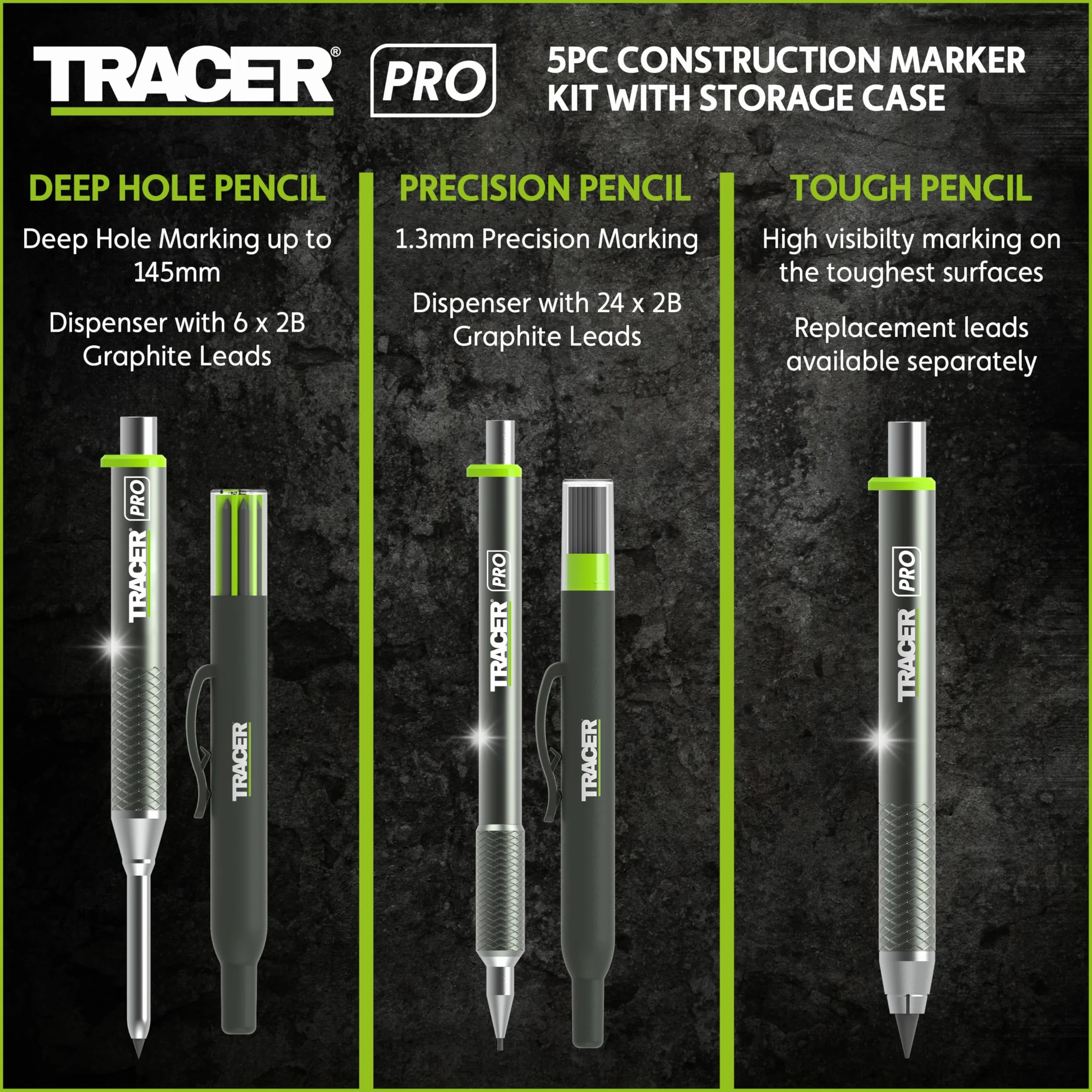 Tracer Seria Pro - 5-częściowy zestaw markerów budowlanych z etui do przechowywania, ołówek stolarski, 2 x długie markery stalówki, marker bez zatykania i zapasowy dozownik przewodów