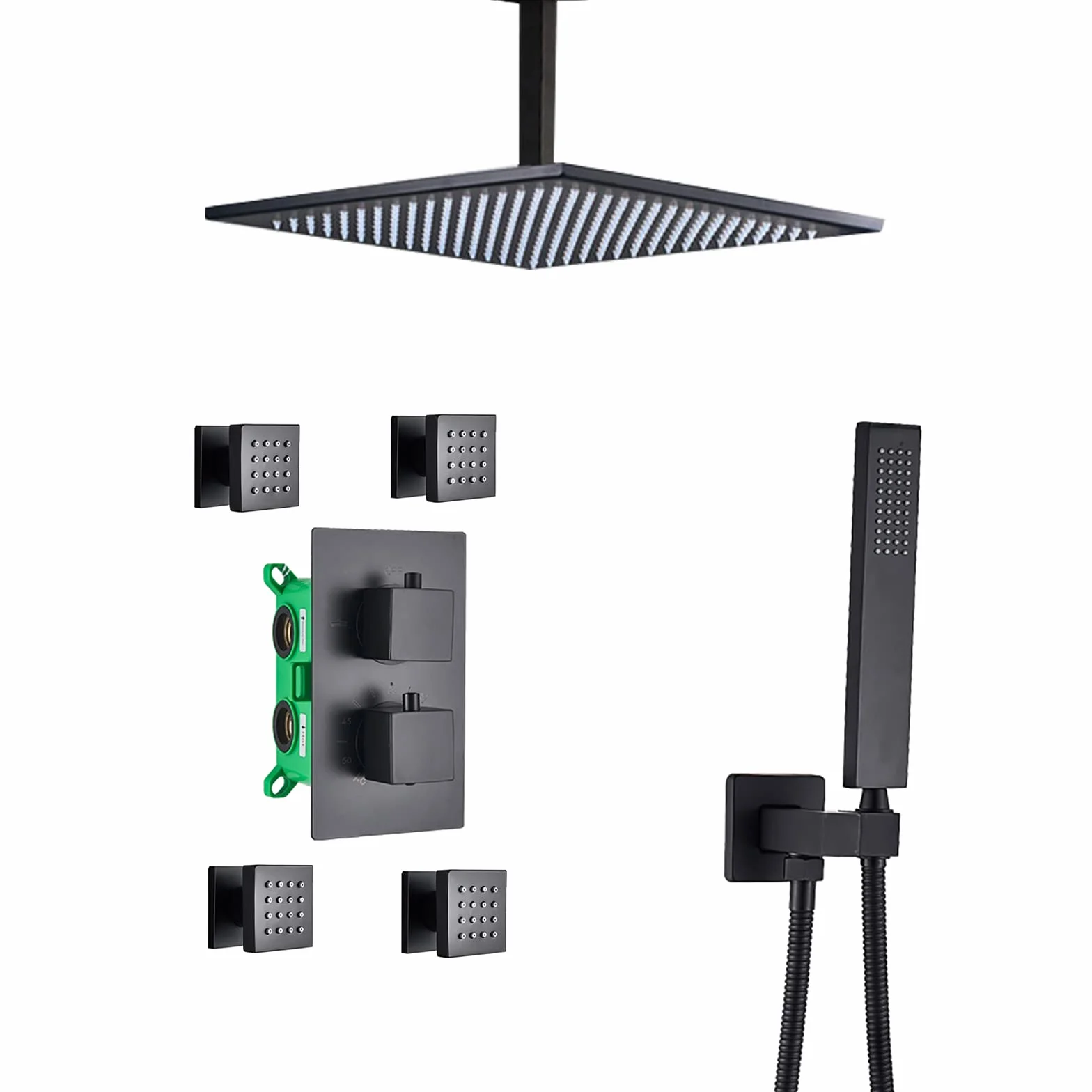 LR Black Rain Shower System Termostatyczny zestaw baterii prysznicowych z 4 dyszami natryskowymi do ciała, montowany na suficie zestaw prysznicowy z mosiężnym mieszaczem deszczowym z głowicą