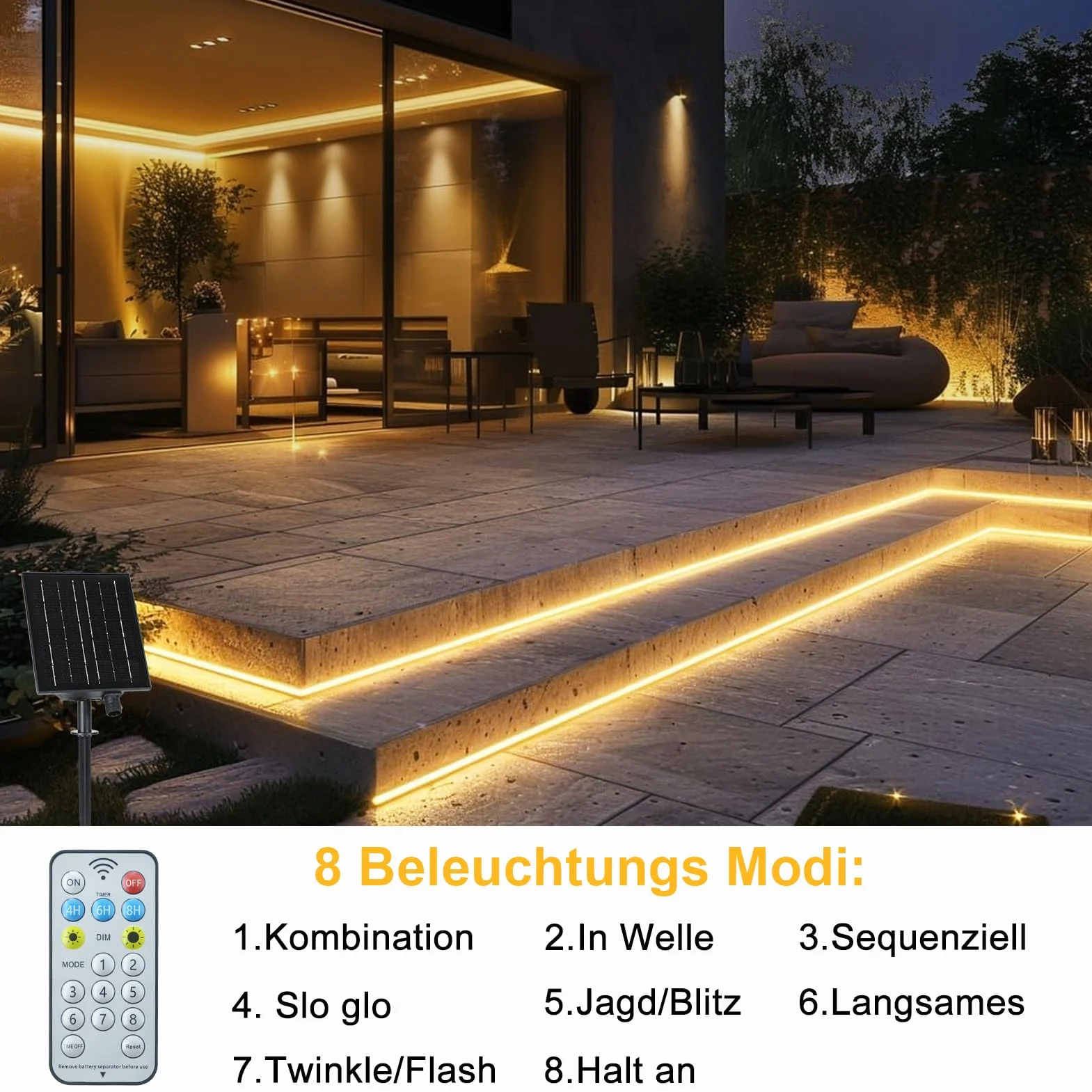 ZAIYW Zewnętrzna taśma solarna 10 m, wodoodporna IP68, 200 diod LED z pilotem zdalnego sterowania włączanie/wyłączanie, podwórko, dekoracja ogrodowa (ciepła biel)