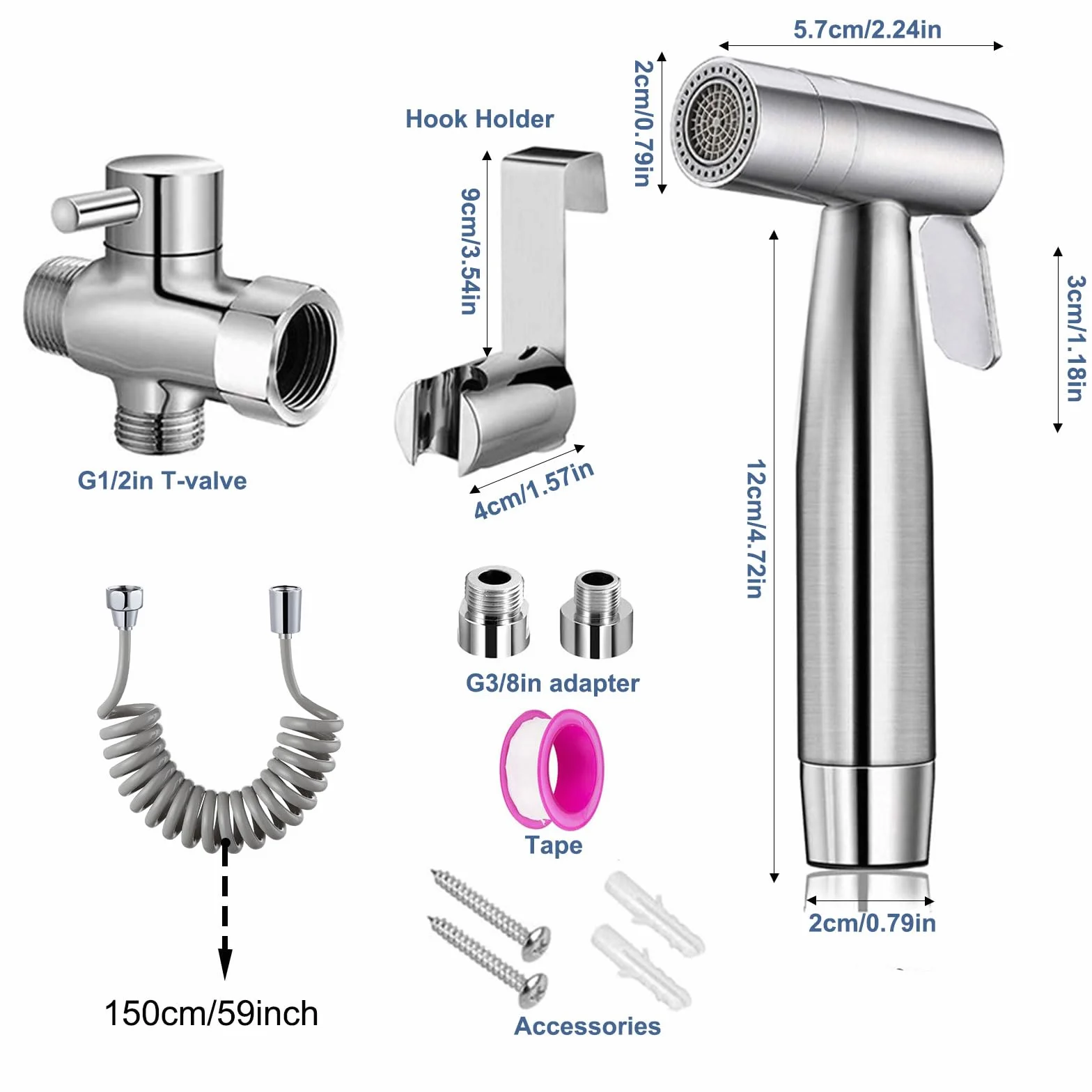 Bidet, ręczny spryskiwacz toaletowy, podwójny tryb (Jet/Stream), do prysznica, łazienki, higieniczny, do czyszczenia pieluch, z wężem sprężynowym G1/2" i zaworem G3/8"