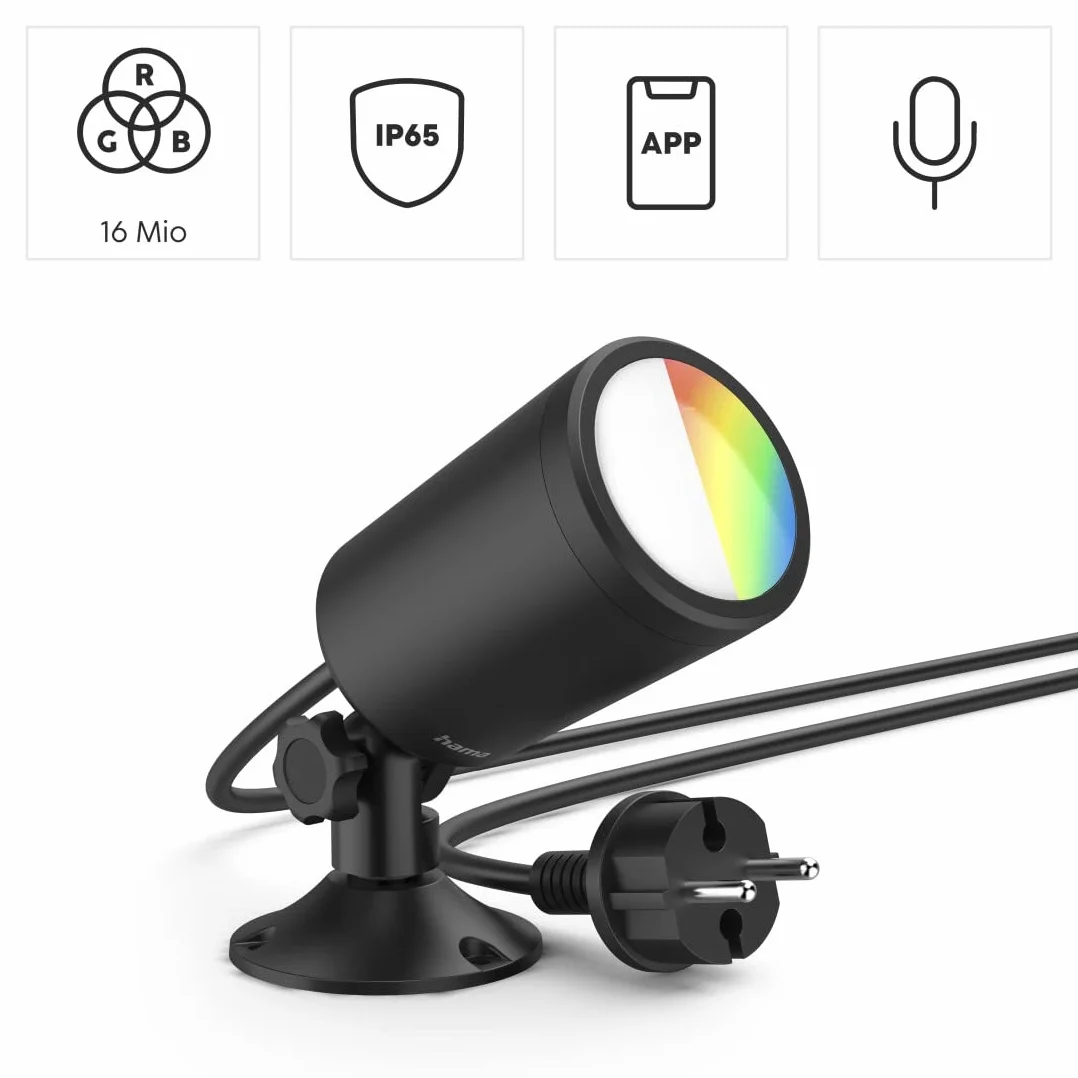 Hama lampa ogrodowa Wi-Fi (WiFi, WLAN, kolory RGB, wodoodporna, inteligentne oświetlenie, multi colour, ciepła biel, 7 W, 450 lumenów, IP65) czarna