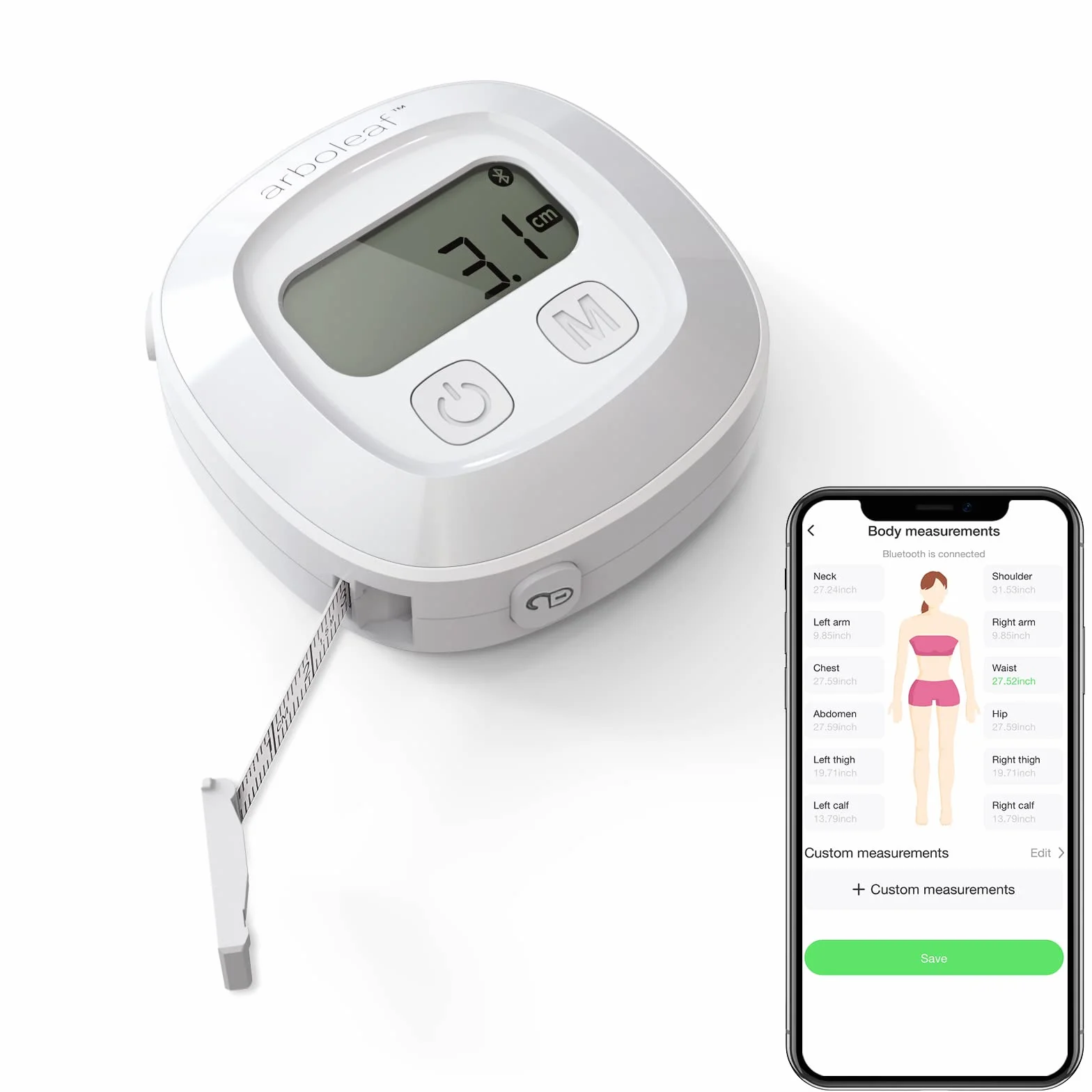 arboleaf Inteligentna taśma miernicza do pomiaru obwodu ciała z aplikacją, Bluetooth do pomiaru ciała, mechanizm blokujący, zwijana, miarka do redukcji wagi, pomiar długości obwodu, cm/cal