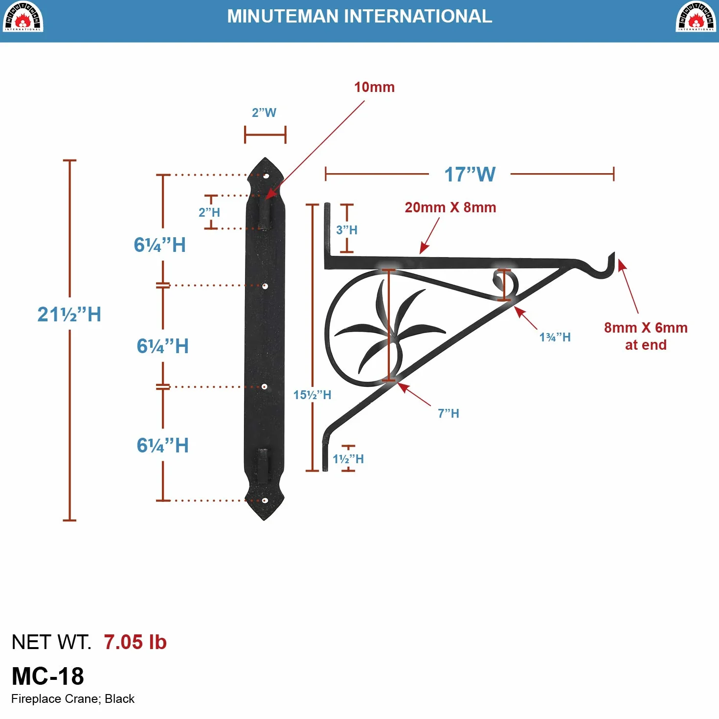 Minuteman International MC-18 Żuraw kominkowy, 45 cm ramię obrotowe