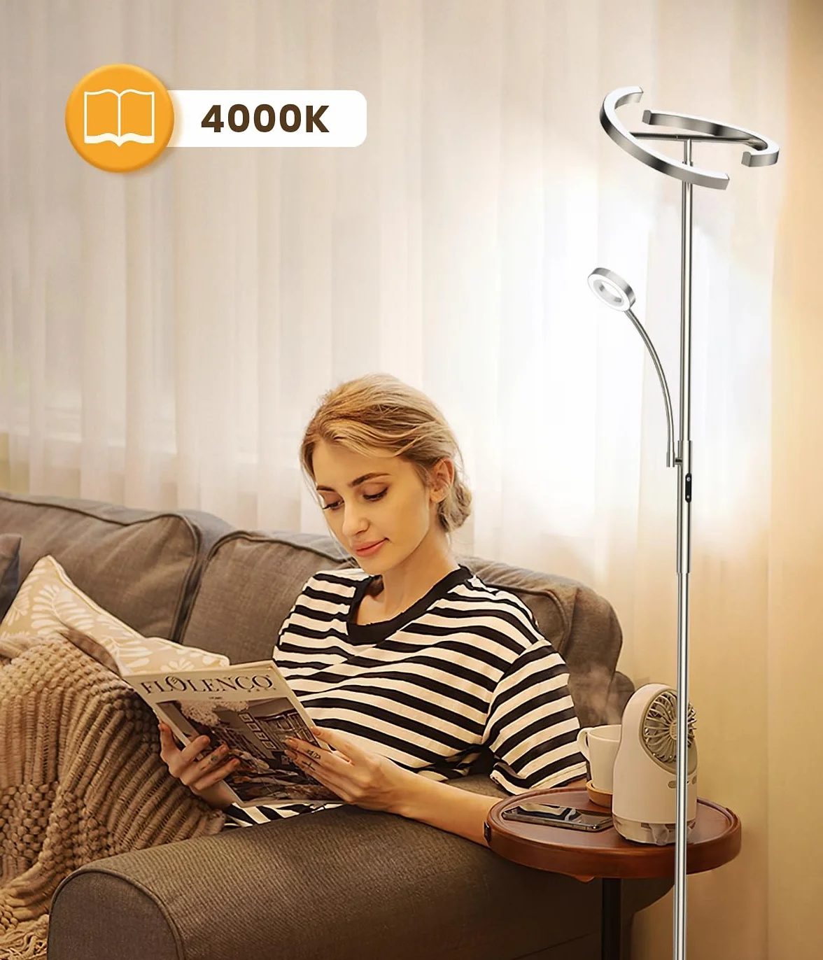 Lampa podłogowa LED z regulacją jasności, 20W. W zestawie elastyczna lampa do czytania 7W. Pilot zdalnego sterowania, 4 temperatury barwowe. Idealna do salonu, sypialni, biura i hotelu