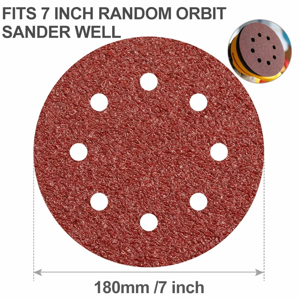 Orbitalne tarcze szlifierskie z rzepem, Tarcza ścierna 180 mm, 8 otworów, rzep, tlenek glinu, drewno, metal, 10 szt., różne ziarnistości(10pcs P180)