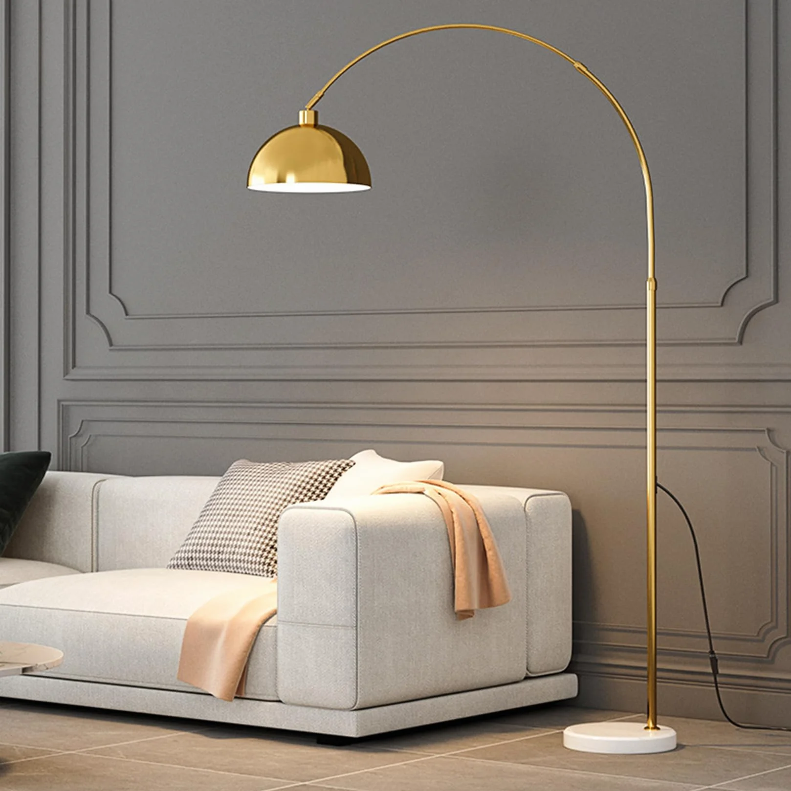 Lampy podłogowe lampa łukowa do salonu z pilotem zdalnego sterowania, 178 cm, lampa stojąca z żarówką, bezstopniowa ściemniana lampa do czytania do sypialni, złota