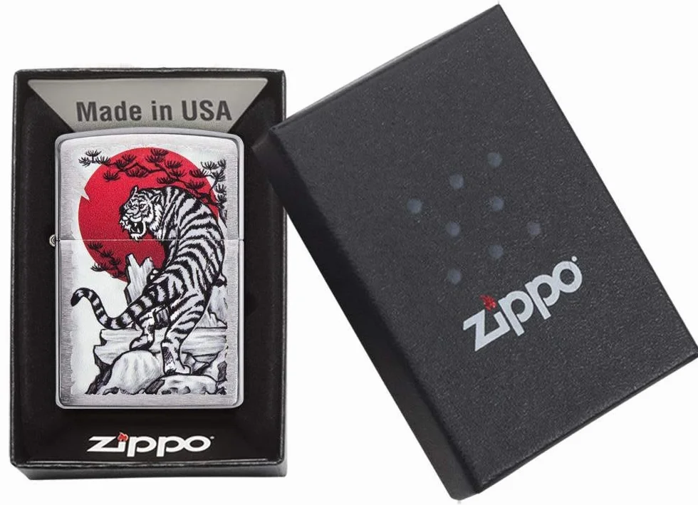 Zippo Zapalniczka Sztormowa, Azjatycki Tygrys, Szczotkowany Chrom, Kolorowy Motyw, z Możliwością Napełniania, Wielokrotnego Użytku, Płomień Odporny na Wiatr, w Pudełku Prezentowym, Made in USA